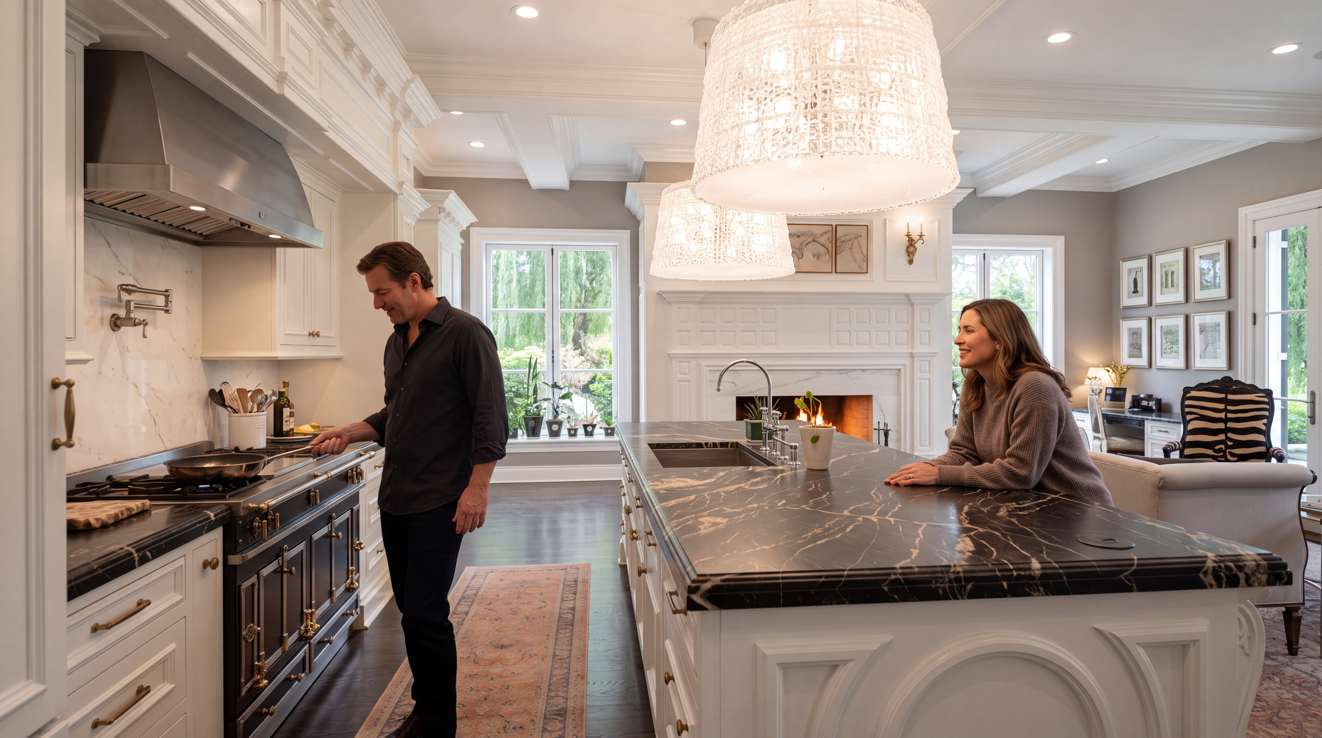 This sophisticated kitchen showcases a classic design with dark, marble-veined countertops, custom white cabinetry, and a high-end French-style range. The expansive island doubles as a breakfast bar, complemented by elegant tiered crystal chandeliers and warm ambient lighting from the fireplace in the background. It is a spacious, well-appointed gourmet kitchen that creates an inviting atmosphere, perfect for both culinary activity and social interaction.
