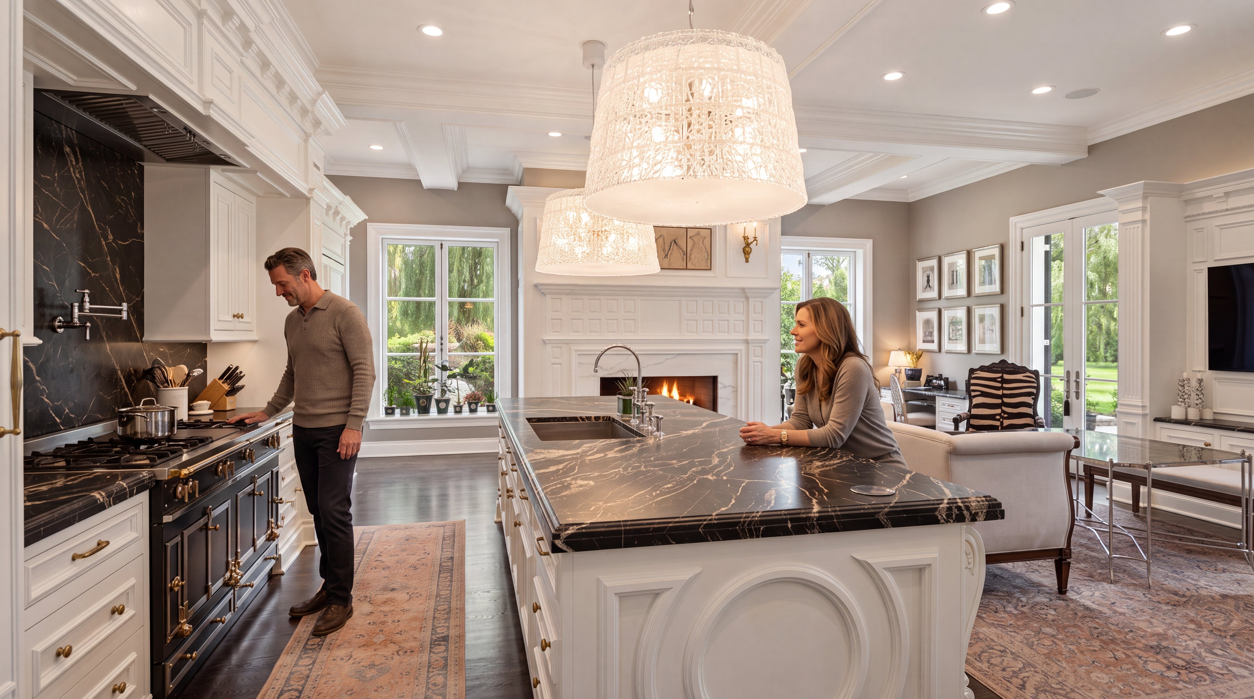 This luxurious, high-end kitchen features white custom cabinetry paired with dramatic black marble countertops and a matching backsplash. A spacious central island serves as a focal point, complemented by ornate, oversized pendant lighting and premium appliances. The space flows seamlessly into a cozy living area with a fireplace, creating an elegant, open-concept environment suitable for both cooking and entertaining.
