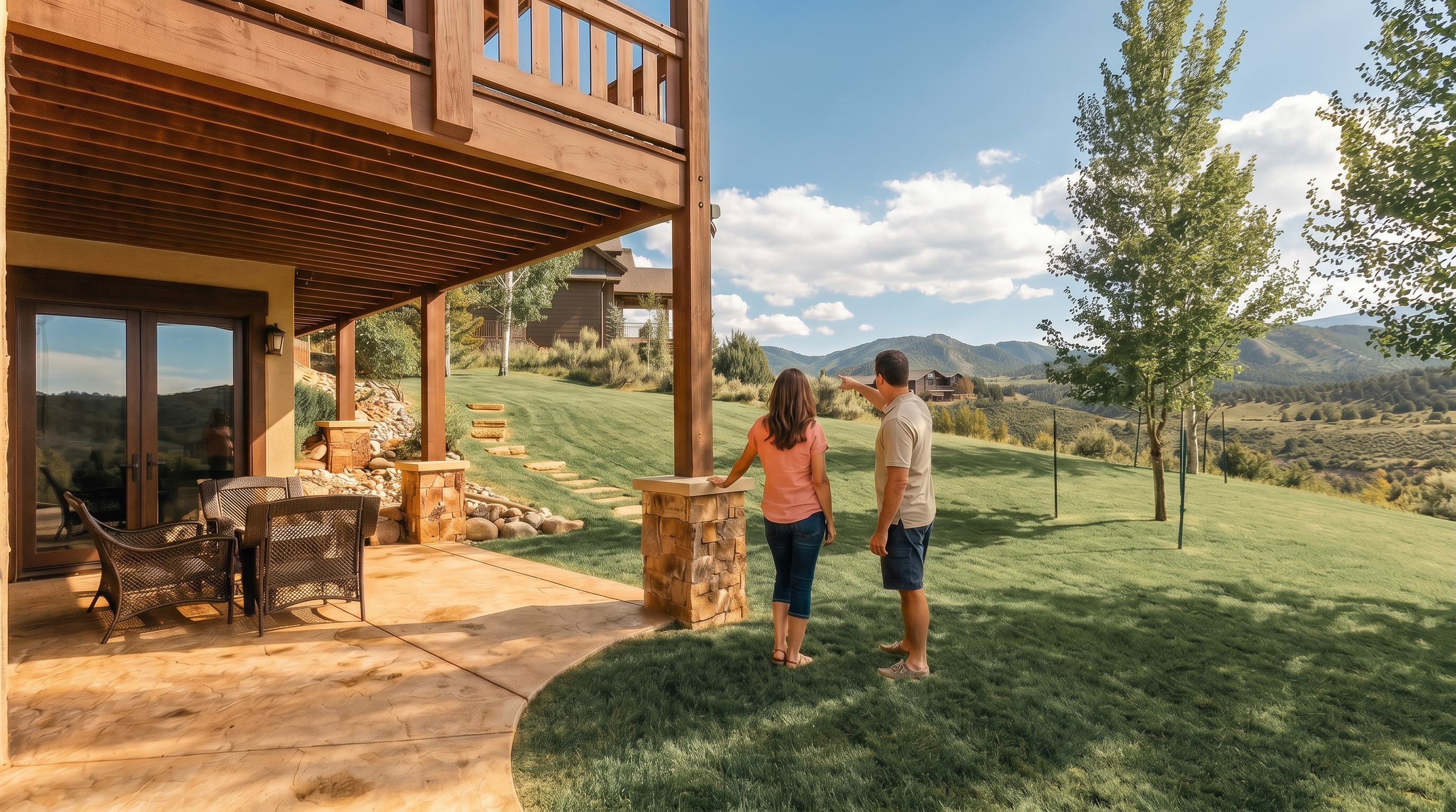 This image captures a covered concrete patio area beneath a wooden balcony, featuring a small outdoor seating set. The space opens up to a expansive, snow-covered backyard that slopes gently toward a scenic mountain landscape under a bright, partly cloudy sky. The combination of rustic wood architecture and the serene, wintry outdoor setting creates a peaceful and inviting atmosphere.