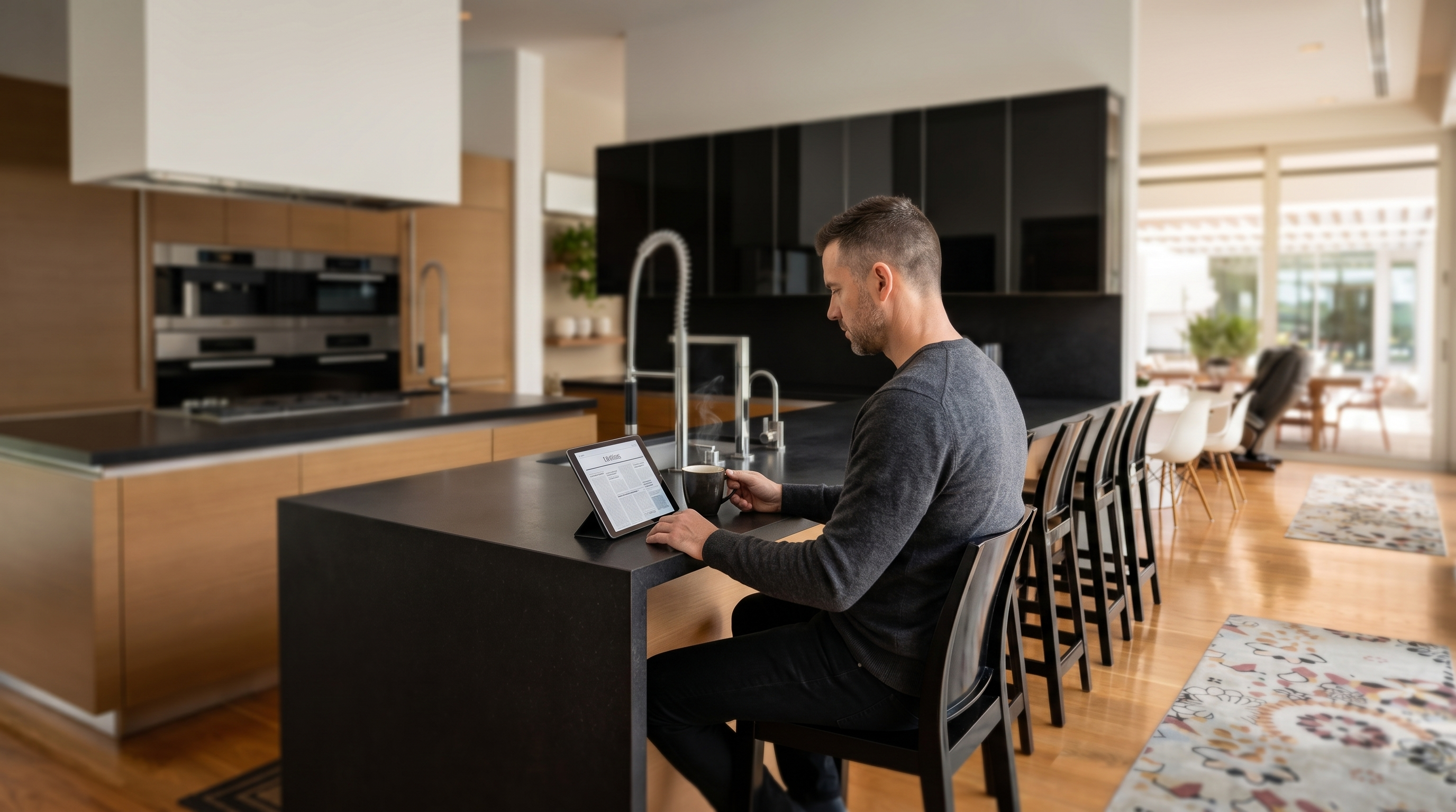 This modern kitchen features a large island with a dark stone countertop and light wood cabinetry, complemented by a row of black bar stools. A sleek, black-fronted upper cabinet system contrasts with the light wood lower cabinets, while a large white range hood serves as a prominent focal point. The space opens up to an adjacent dining area and outdoor patio through large glass doors, creating a bright and airy atmosphere.