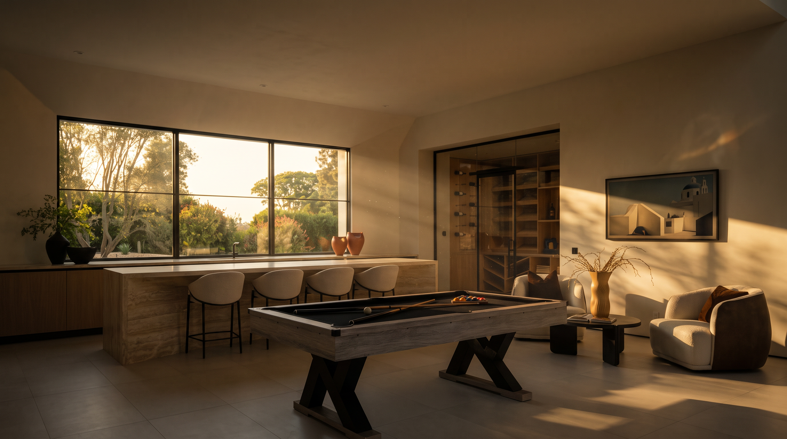 This sophisticated game room features a central pool table with a light wood finish and a sleek, modern design. To the left, a long stone-topped bar with four upholstered stools sits beneath large windows that provide a view of the lush greenery outside. A glass-enclosed wine storage area is integrated into the back wall, while a cozy seating area with two rounded armchairs and a small side table completes the space.