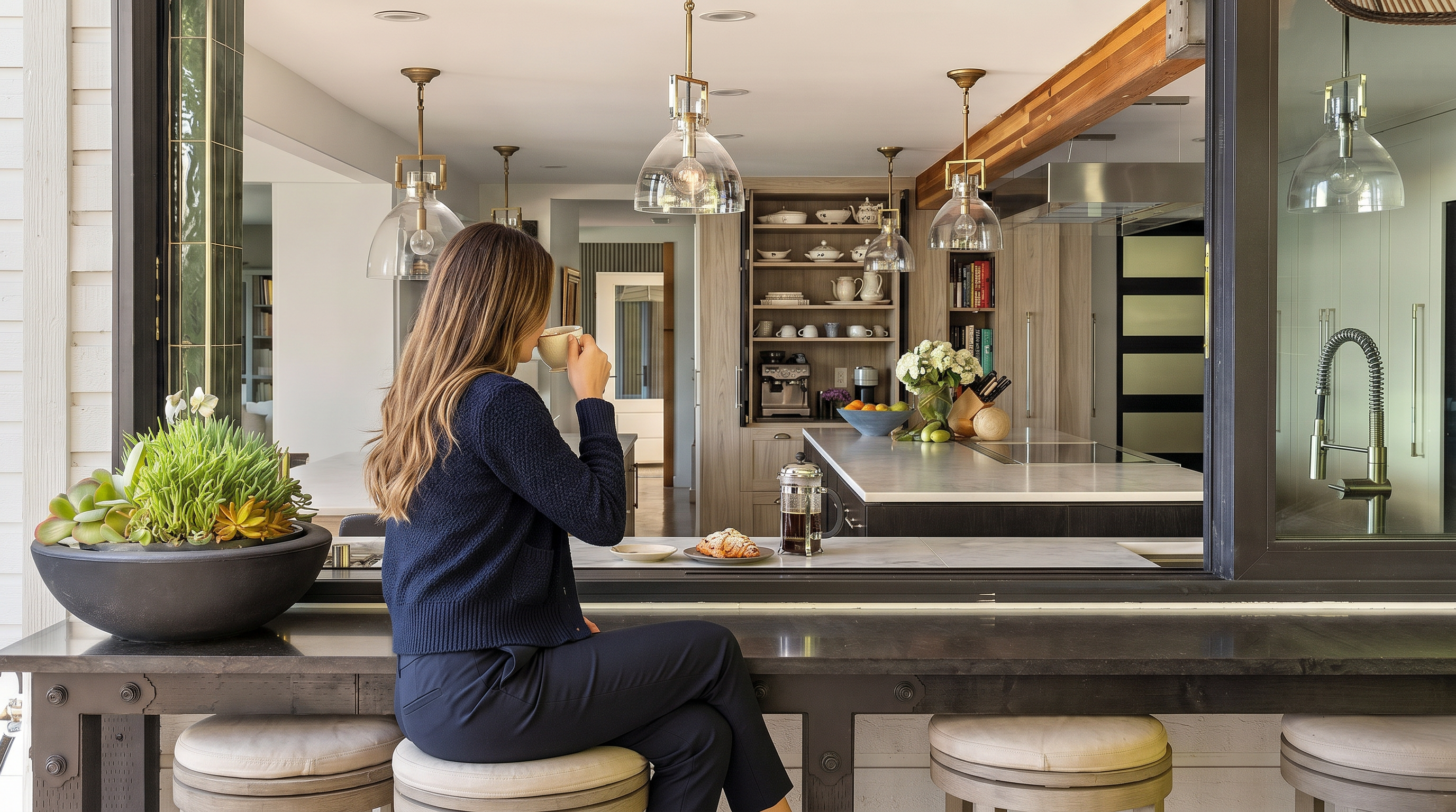 This view captures a sophisticated kitchen from an outdoor bar perspective, looking through a large window opening. The space features two expansive islands with stone countertops, warm wood cabinetry, and elegant pendant lighting. The open-concept layout creates a seamless transition between the indoor culinary area and the exterior seating space, offering a bright and inviting atmosphere.