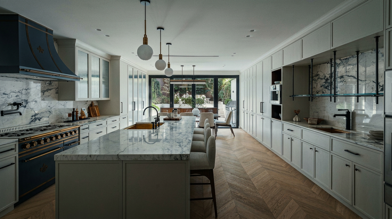 This sophisticated, high-end kitchen features a long central island with a marble countertop, complemented by light-toned cabinetry and herringbone-patterned hardwood flooring. A striking navy blue range hood and matching stove serve as a bold focal point, while elegant pendant lights hang above the island, leading the eye toward the bright, glass-walled dining area at the rear. The space exudes a luxurious, modern aesthetic with clean lines and premium finishes, perfect for both culinary tasks and social gatherings.