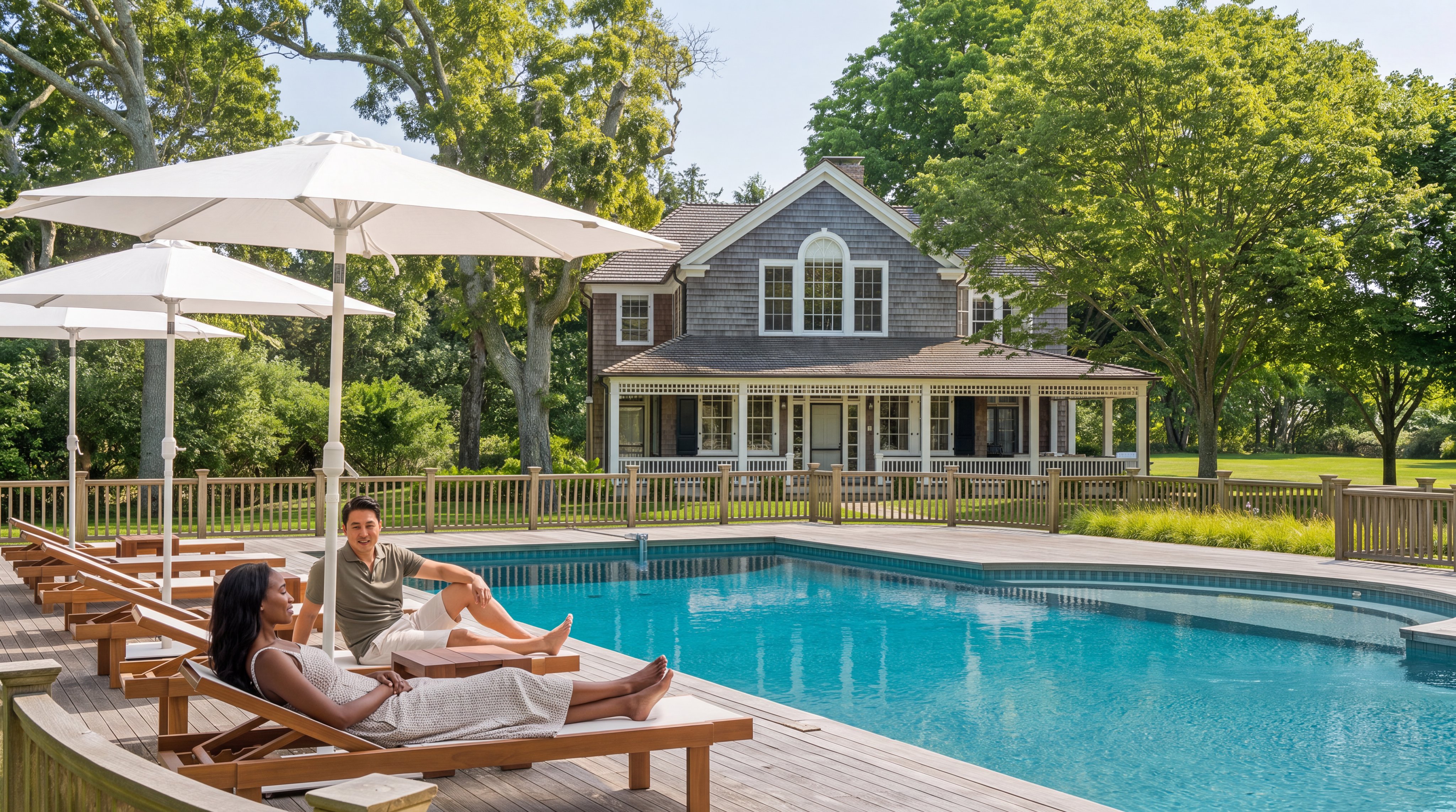 This image captures a serene outdoor leisure area featuring a pristine swimming pool surrounded by a spacious wooden deck with lounge furniture. A couple is relaxing under large white umbrellas, set before a classic shingled-style residence with an expansive covered porch. The setting is framed by lush, mature trees and a manicured lawn, exuding an inviting and luxurious atmosphere.