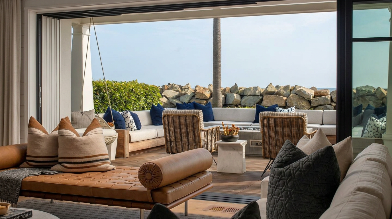 This indoor-outdoor living space features a seamless transition from a cozy interior lounge with a leather daybed to a spacious wooden deck overlooking the ocean. The outdoor area is furnished with a large sectional sofa, woven armchairs, and a central fire feature, all set against a backdrop of a stone retaining wall and coastal views. The design emphasizes a relaxed, high-end aesthetic with neutral tones and natural textures, creating an inviting atmosphere for entertaining.