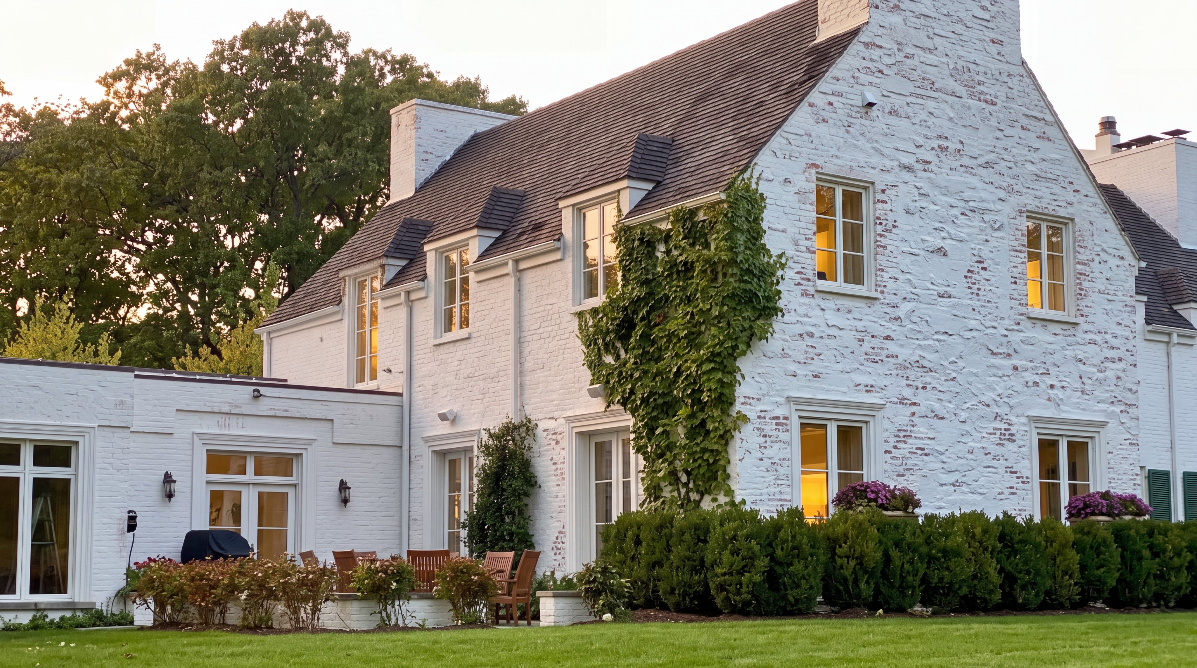 This charming, multi-story white brick home features a classic architectural style with climbing ivy, dark shingled roof, and symmetric divided-light windows. A well-maintained terrace with outdoor seating sits adjacent to a lush green lawn and manicured boxwood hedges. The warm interior lighting glowing through the windows, combined with the mature landscaping, creates an inviting and elegant atmosphere.