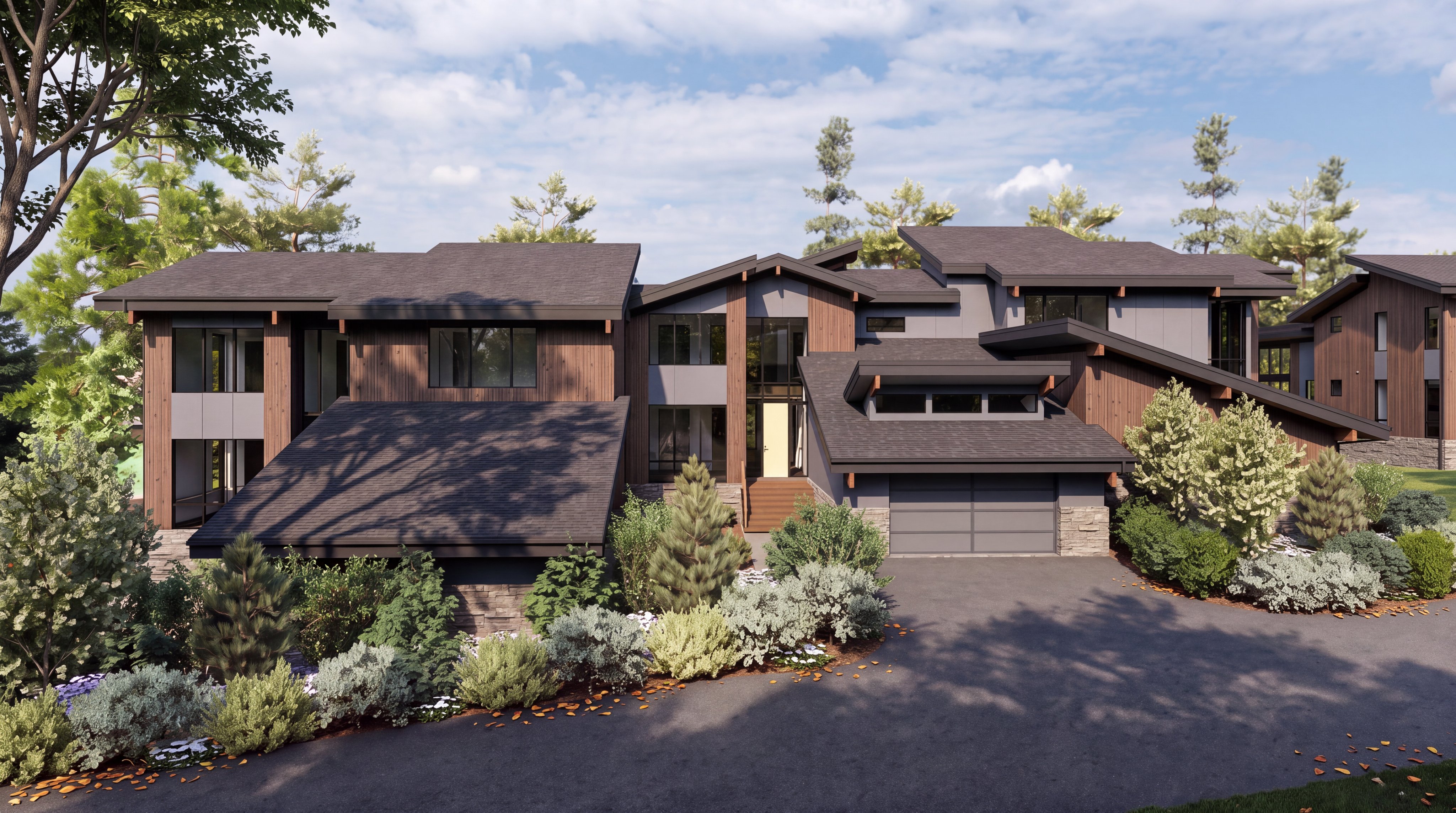 This architectural rendering showcases a modern, multi-level luxury residence with a sophisticated blend of dark wood siding, grey panels, and stone accents. The home features a complex roofline with multiple pitches, large windows, and a prominent garage, all set against a backdrop of mature pine trees. The perspective is a wide-angle front view, highlighting the home's contemporary design and its integration into the natural landscape.