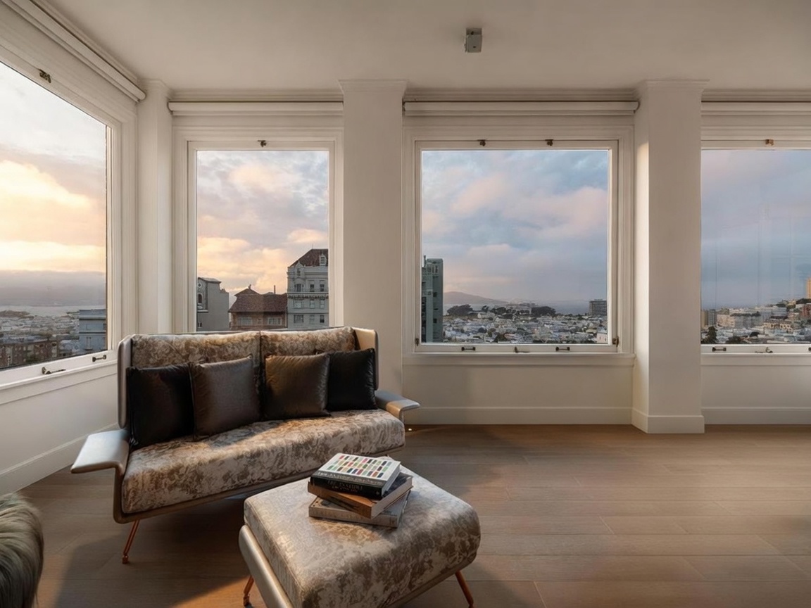 This sophisticated living area features a patterned sofa and matching ottoman, complemented by a sculptural, textured armchair. Large windows frame a panoramic city and bay view, bathing the room in soft, natural light. The space is finished with light wood flooring and a minimalist bench, creating an elegant and serene atmosphere.