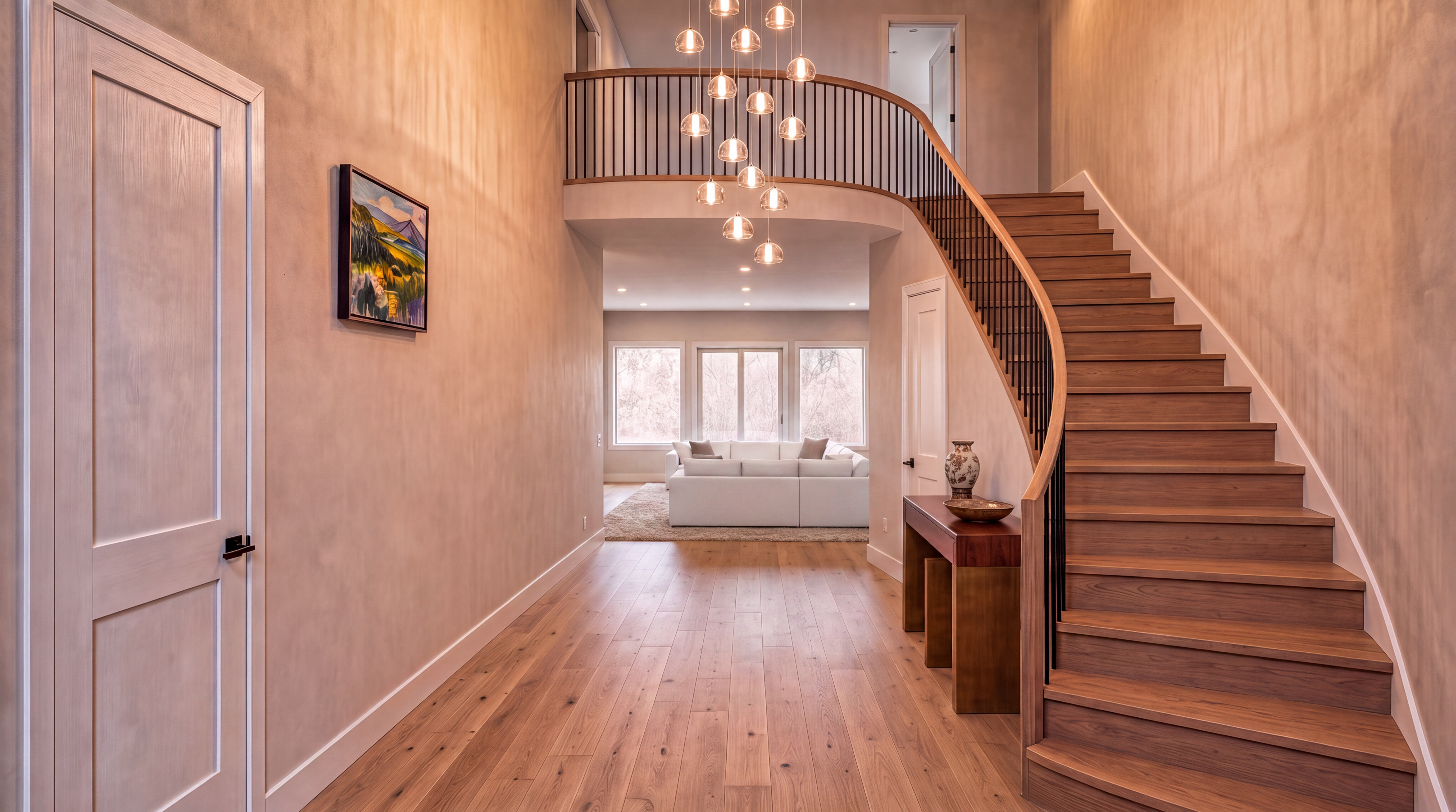 This grand foyer features a high-ceiling entry with a striking multi-pendant chandelier and a sweeping wooden staircase with sleek black iron railings. The open-concept design flows seamlessly into a formal dining area at the rear, showcasing light wood flooring and neutral, modern wall finishes. The overall aesthetic is bright, airy, and sophisticated, emphasizing architectural elegance and spacious living.