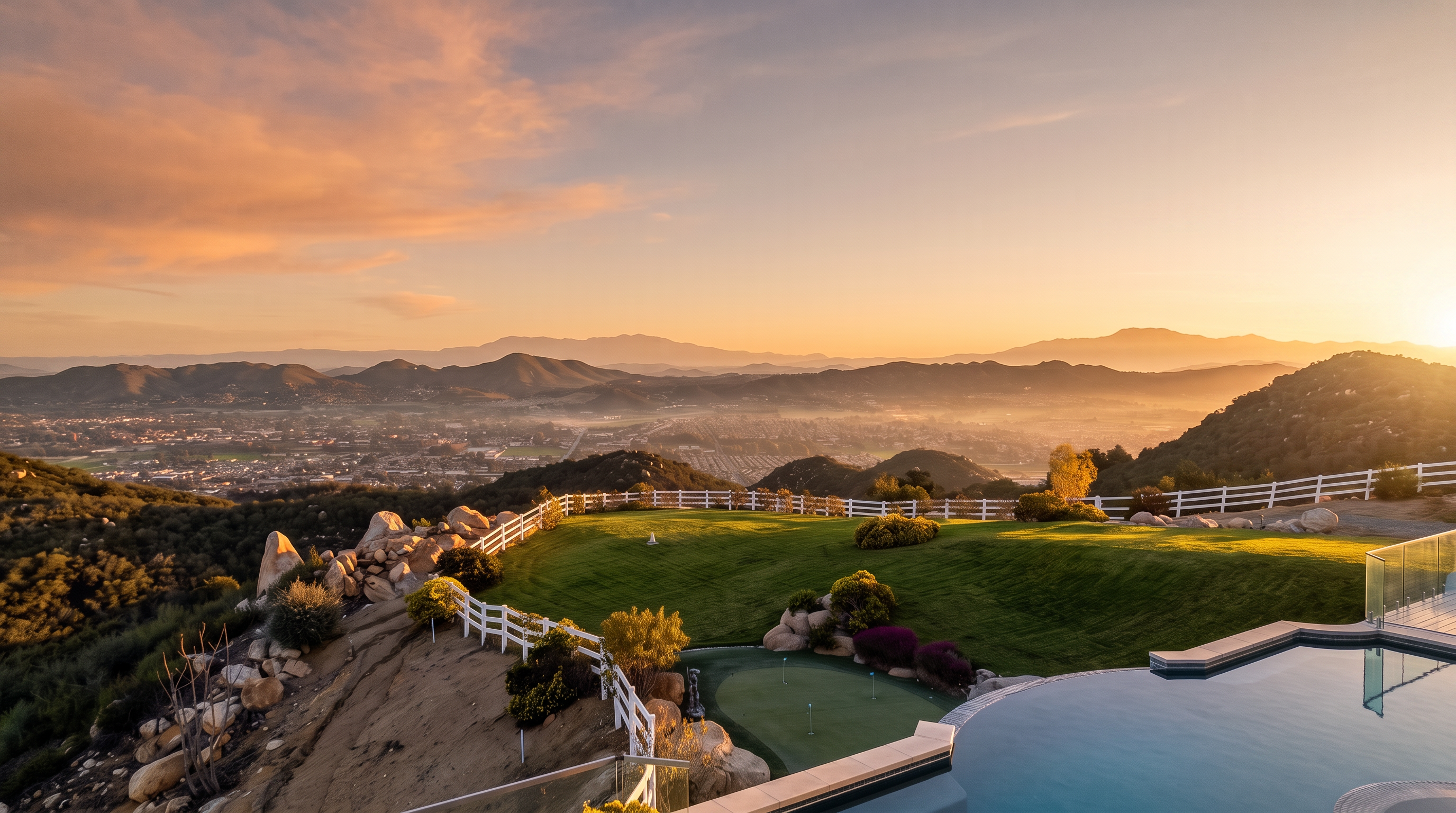 This stunning elevated view captures a luxurious infinity-edge pool that overlooks a sprawling valley and distant mountain range under a vibrant sunset sky. The property features a meticulously maintained backyard, including a small putting green and a white picket fence, seamlessly blending recreation with dramatic natural vistas. This home offers an exceptional outdoor living experience characterized by high-end amenities and breathtaking scenery.