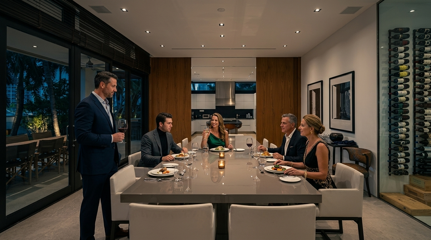 This sophisticated dining room features a long, glossy table surrounded by modern chairs, set against a backdrop of warm wood paneling and a glass-enclosed wine display. Large floor-to-ceiling glass doors open onto an outdoor patio, creating a seamless transition between indoor and outdoor living spaces. The room is illuminated by recessed lighting and offers a clear view through to the kitchen area, emphasizing an open-concept layout.