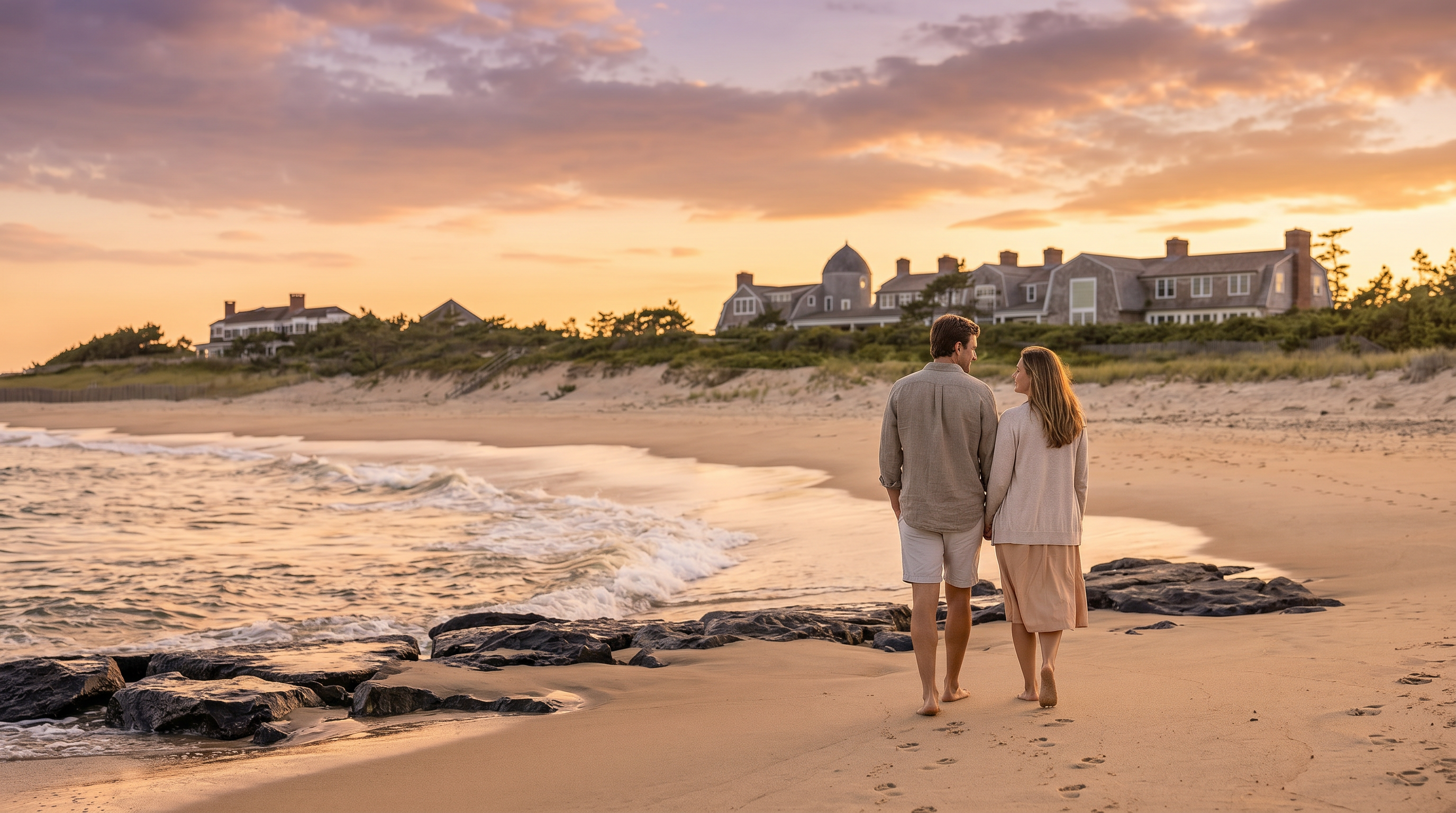 This scenic shot captures a sprawling, shingle-style coastal estate situated prominently on a grassy dune overlooking a sandy beach. The architecture features multiple gables, a distinctive round tower element, and numerous chimneys, all set against a backdrop of a clear blue sky. In the foreground, dark, weathered rocks line the shoreline where gentle ocean waves wash onto the sand, creating a serene and luxurious seaside atmosphere.