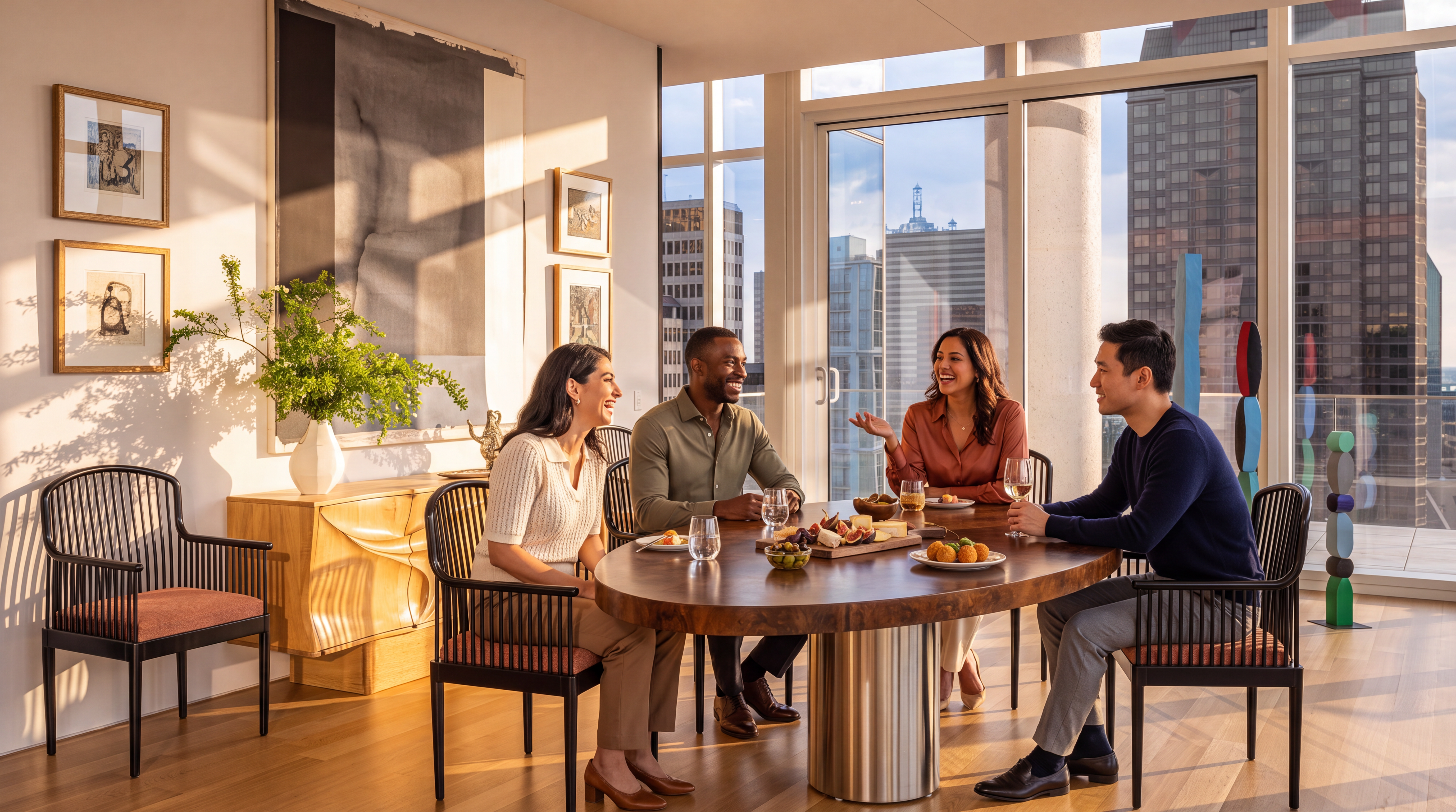 This sophisticated dining room features a large, oval-shaped wooden table surrounded by six black-framed chairs with slatted backs and warm-toned cushions. A sculptural light wood sideboard sits against the wall beneath a large, minimalist abstract painting, while floor-to-ceiling windows provide expansive views of the surrounding city skyline. The room is bathed in warm, golden hour sunlight, highlighting the rich textures of the wood flooring and the elegant, modern aesthetic of the space.