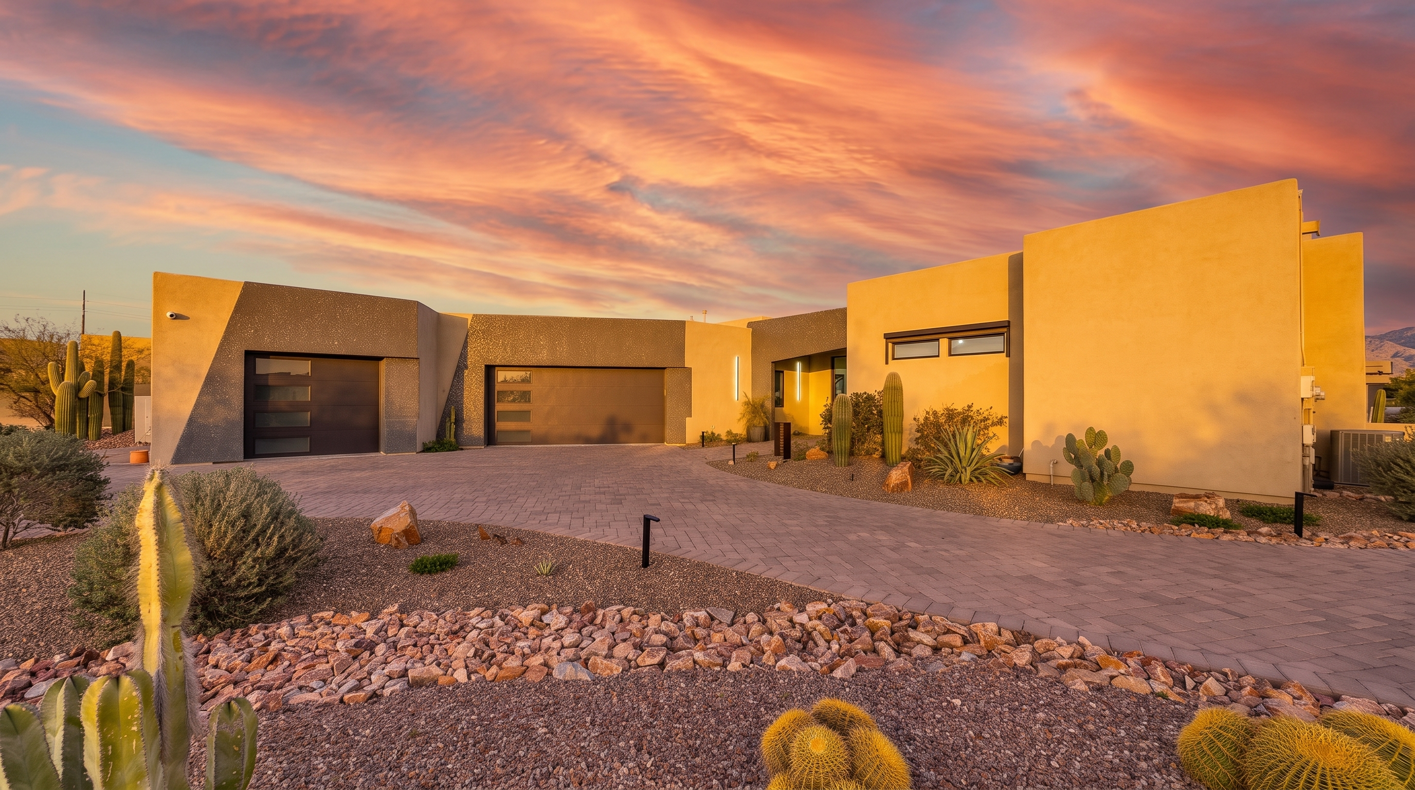 This modern desert home features a striking architectural design with a mix of smooth tan stucco and textured dark gray panels. The front facade includes a multi-car garage, a paved driveway, and a landscaped yard filled with various cacti and desert flora. The scene is captured at dusk, with a vibrant pink and blue sky providing a dramatic backdrop to the home's clean lines and contemporary aesthetic.