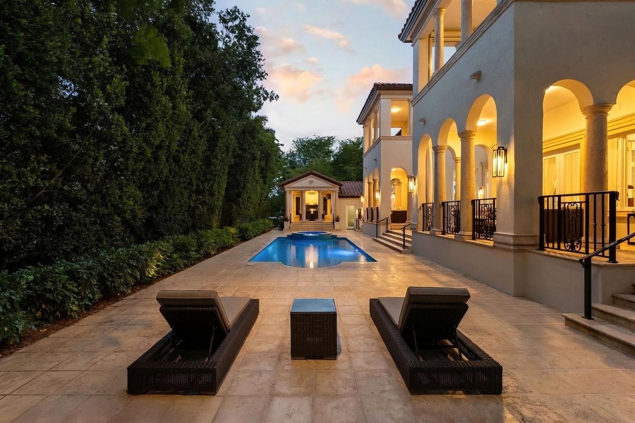 This elegant outdoor space features a rectangular swimming pool with an integrated spa, set against a backdrop of lush, mature trees. The pool deck is paved with light-toned stone and includes two lounge chairs positioned in the foreground, while the adjacent home showcases classic Mediterranean-inspired architecture with arched colonnades and warm evening lighting. The perspective is a centered, eye-level shot looking down the length of the pool toward a detached cabana structure at the far end.