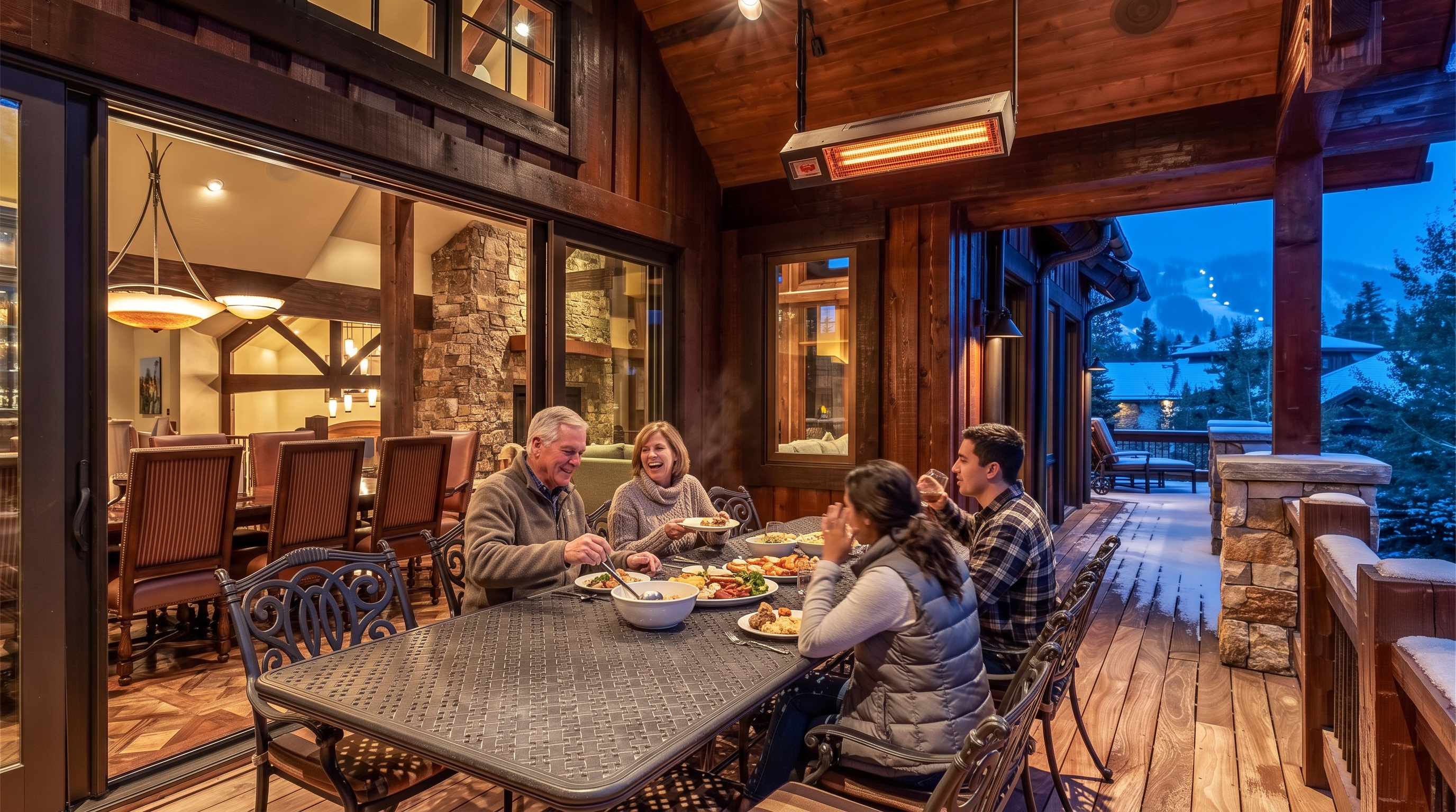 This stunning covered mountain patio provides an elegant outdoor dining experience, featuring rustic wood beams and a cozy overhead infrared heater. The space seamlessly transitions from the indoor dining room through expansive glass sliding doors, offering picturesque views of a snow-covered landscape. It is perfectly designed for luxury alpine living, blending comfortable, high-end outdoor furniture with natural textures and a warm, inviting atmosphere.