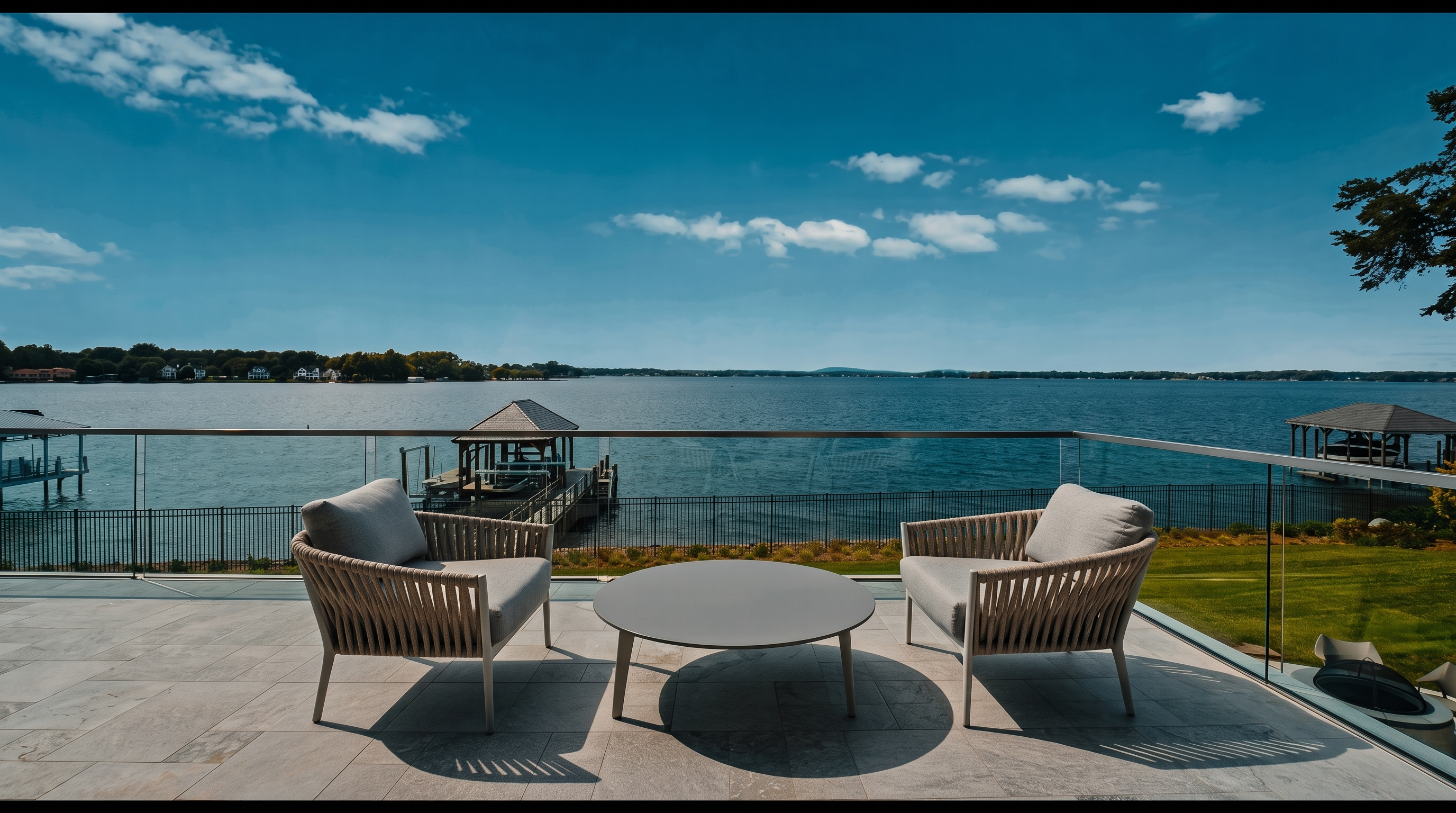 This elevated balcony offers a panoramic view of a large lake, featuring a modern seating area with four woven armchairs and a central circular table. The space is enclosed by a sleek glass railing that provides an unobstructed perspective of the water, private docks, and the distant shoreline. The light-toned stone flooring and contemporary furniture create a sophisticated, serene outdoor living environment.