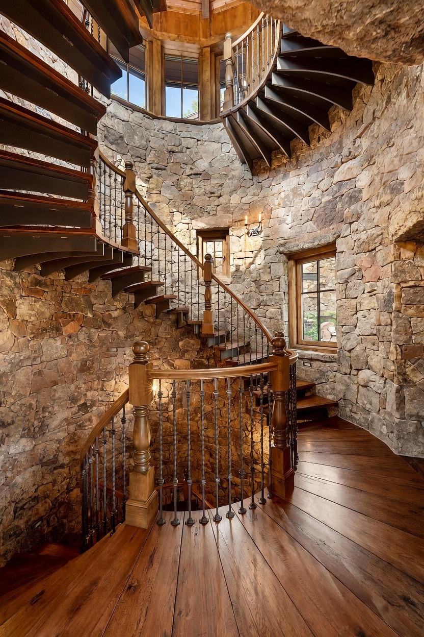 This striking interior space features a dramatic spiral staircase constructed with dark wood treads and intricate metal railings, set against a curved wall of rustic, textured stone. The architecture creates a turret-like atmosphere, enhanced by tall windows that allow natural light to filter into the stairwell. The perspective looks down from the upper landing, emphasizing the grand, circular design and the rich, warm tones of the wood flooring.