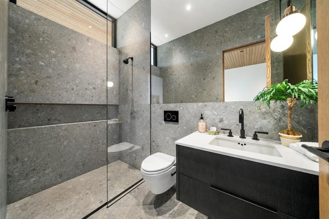 This modern bathroom features a walk-in shower enclosed by a glass panel, showcasing large-format grey stone tiles that extend across the walls and floor. A floating vanity with a white countertop and dark cabinetry sits beside a wall-mounted toilet, while a large mirror reflects the space and a light wood ceiling detail. The room is accented by matte black fixtures and a small potted plant, creating a sleek and contemporary aesthetic.