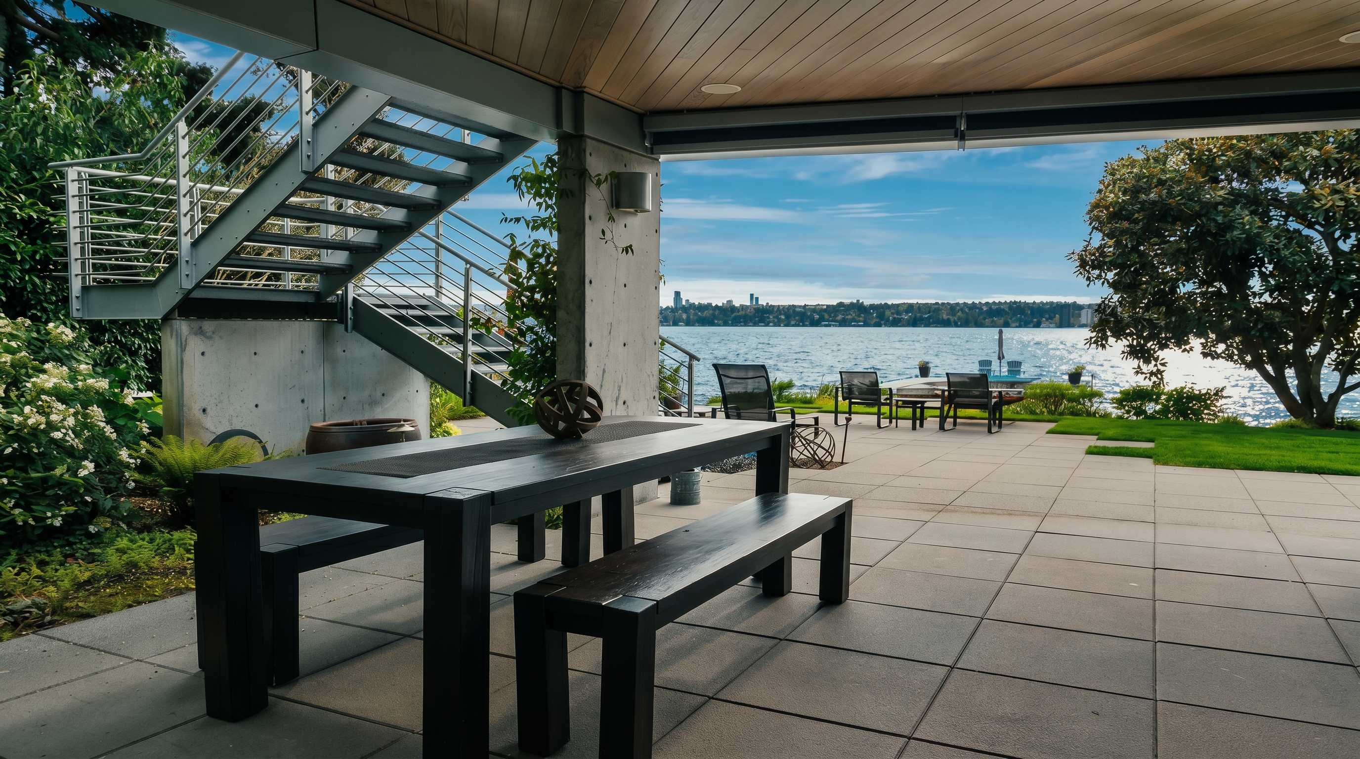 This covered outdoor patio features a dark wood dining table and matching bench seating, set against a backdrop of a concrete support pillar and a modern metal staircase. The space opens directly onto a paved terrace that overlooks a serene lake with a distant city skyline visible on the horizon. The setting is peaceful and ideal for waterfront entertaining, framed by lush greenery and a clear blue sky.