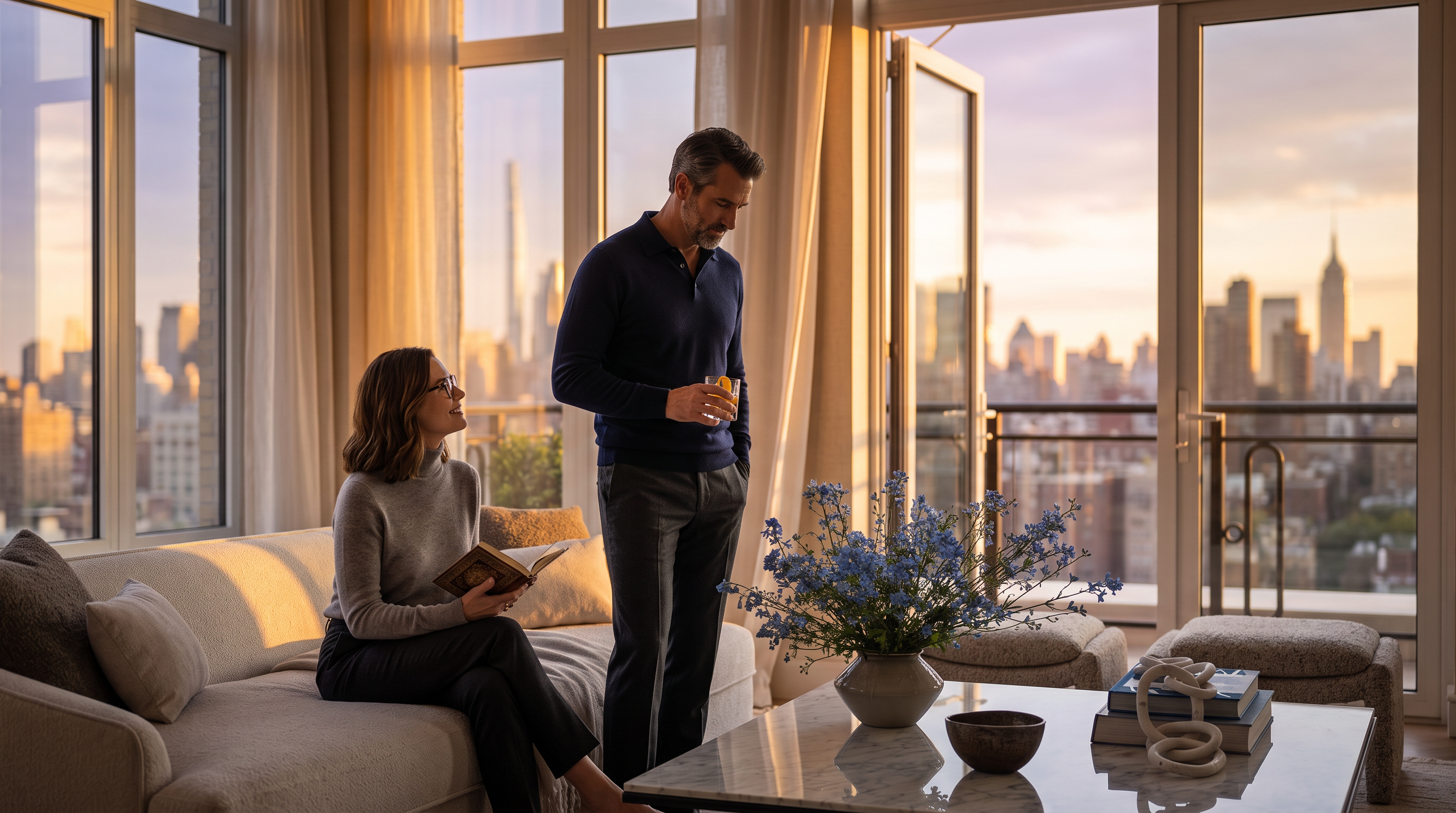 This sophisticated living room features a plush, light-toned sofa adorned with textured pillows and a throw blanket, positioned near large windows that offer expansive city skyline views. A central coffee table with a stone top and a dark, curved base holds a vibrant blue floral arrangement and decorative objects, creating a refined focal point. The space is bathed in natural light, highlighting the neutral color palette and the seamless transition to an outdoor balcony through open glass doors.