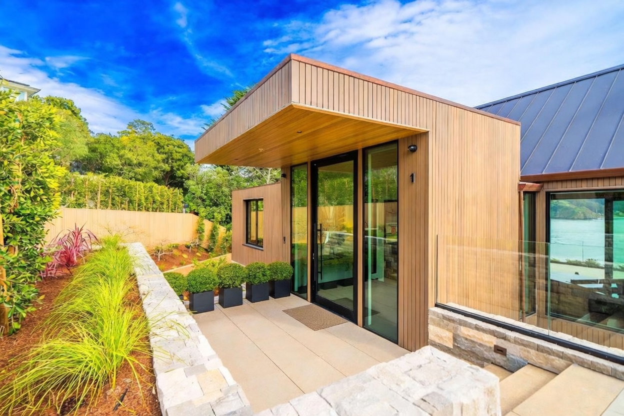 This modern entryway features a striking cantilevered roofline clad in vertical wood siding, creating a sheltered porch area. The entrance is defined by a glass-paneled door flanked by large windows, with a stone-retaining wall and manicured shrubbery adding texture to the foreground. The perspective captures the clean, contemporary architectural lines against a bright blue sky, with a glimpse of a nearby body of water visible through the glass.