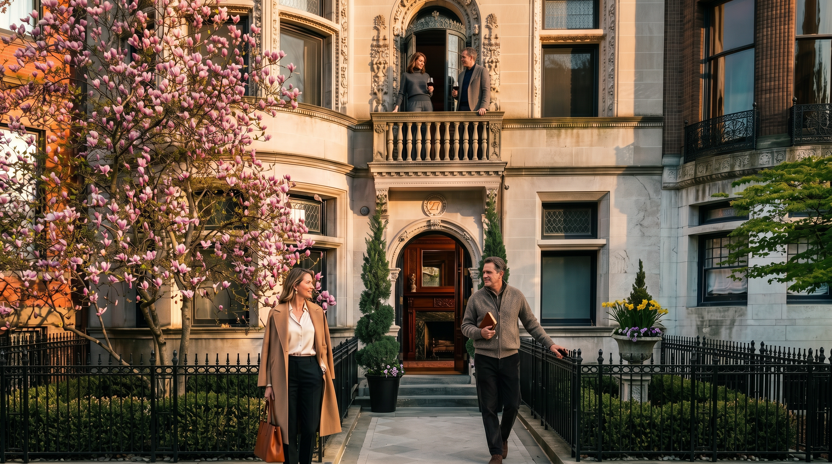 This image captures a stately, multi-story historic townhouse with a light-colored stone facade and a prominent rounded bay window section. The property features a formal gated front garden with manicured hedges and a blooming tree, leading to a central arched entryway. The architectural style is elegant and classical, flanked by neighboring brick townhomes, creating a sophisticated urban streetscape.