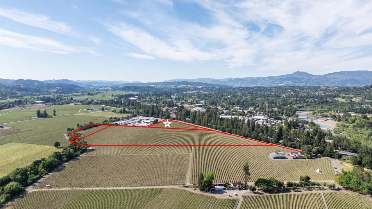 This is an aerial drone shot showcasing a large, expansive vineyard parcel highlighted with a red boundary line. A white star marks the specific featured plot, which is situated near a town and rural agricultural land. The property includes established vines and a few small structures, offering a prime opportunity for agricultural or vineyard development.