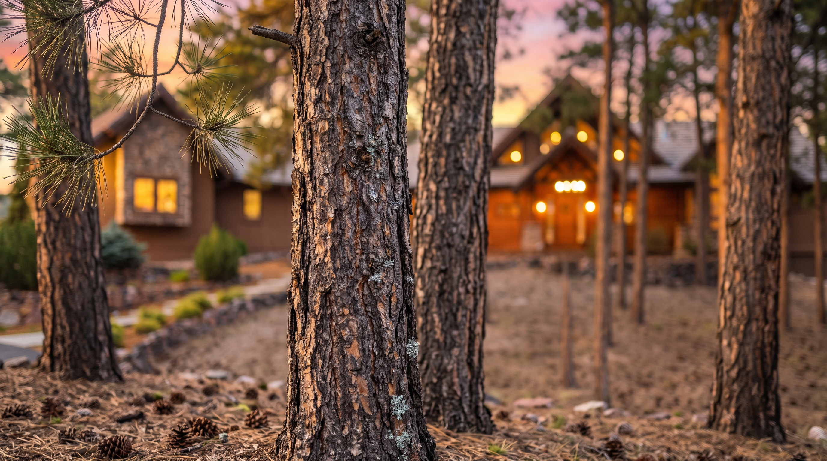This photo captures the exterior of a rustic, mountain-style home set amidst a serene forest of pine trees at twilight. The house features warm, inviting lighting glowing from within, emphasizing its cozy and secluded atmosphere. The foreground is defined by textured tree trunks and a needle-strewn forest floor, highlighting the property's peaceful, natural setting.