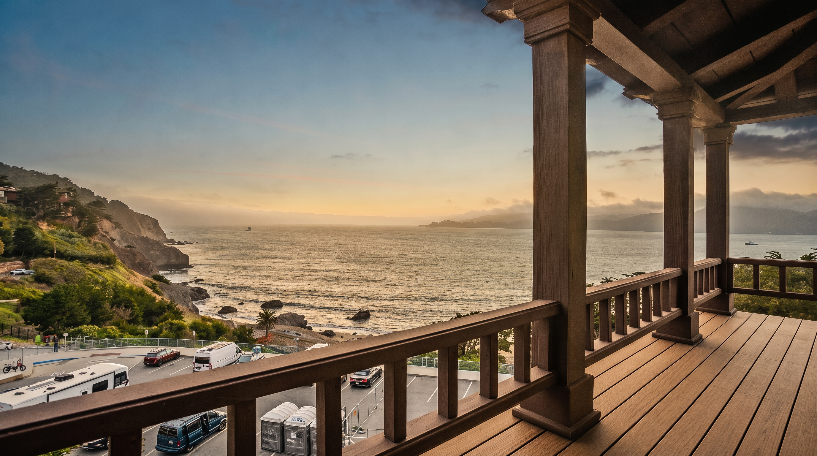 This elevated wooden balcony offers a sweeping, panoramic view of the ocean coastline and a nearby parking area. The structure features sturdy wooden railings and posts, creating a classic, rustic aesthetic that frames the expansive horizon. The perspective is from a high vantage point, capturing the serene transition from the rugged cliffs to the calm water under a soft, twilight sky.