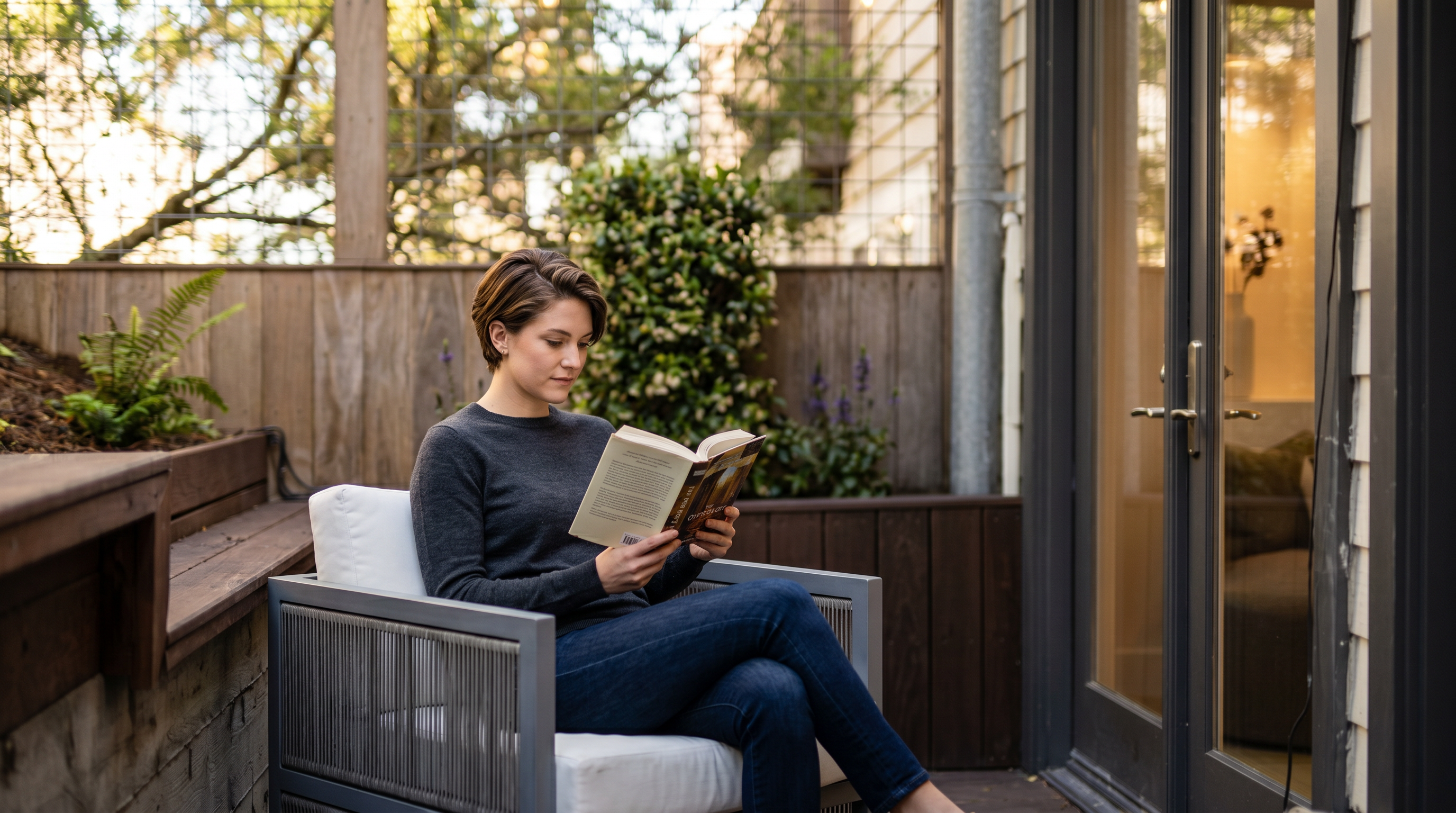 This image captures a seamless transition between an outdoor wooden deck and a bright, open-concept interior dining area. The deck features a built-in bench, a modern armchair, and a privacy screen, while the interior showcases a light wood dining table and a contemporary chandelier. Large glass doors provide an expansive view, creating an inviting indoor-outdoor living space perfect for entertaining.