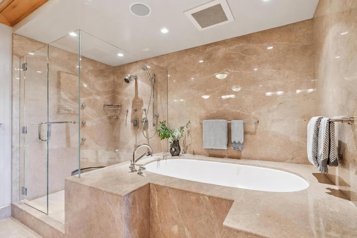 This luxurious primary bathroom features extensive stone surfaces throughout, creating a cohesive and elegant aesthetic. The space includes a deep soaking tub set into a stone deck and a separate walk-in shower enclosed by floor-to-ceiling glass panels. The neutral, warm-toned stone walls and surfaces provide a sophisticated, spa-like atmosphere.