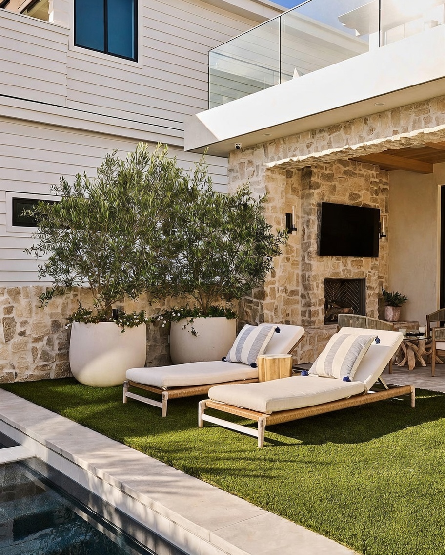 This elegant outdoor living space features a stone-clad wall with an integrated fireplace and a mounted television, creating a cozy lounge area. Two lounge chairs with striped cushions sit on a patch of artificial turf adjacent to a swimming pool. The area is sheltered by an upper-level balcony with a glass railing, offering a sophisticated and relaxing atmosphere.