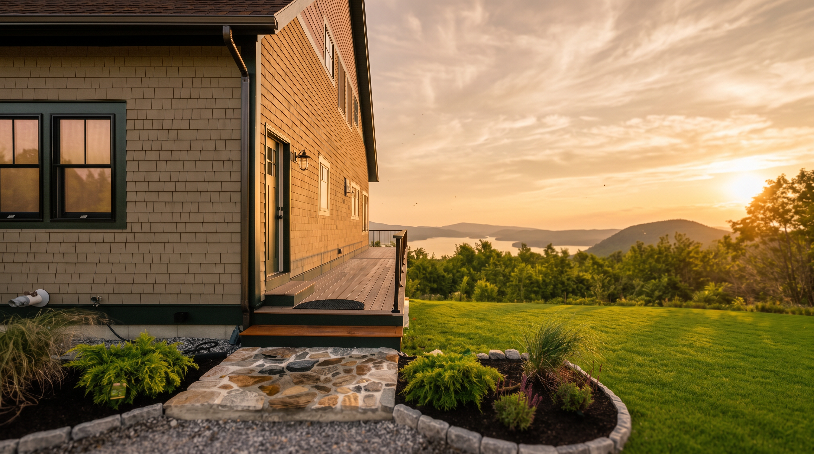 This exterior view showcases a beautiful side profile of a house with tan shingles and dark trim, highlighted by a welcoming wooden deck and a stone-paved walkway. The property offers stunning, sweeping views of a valley and a distant lake, complemented by a vibrant green lawn and manicured landscaping. The overall impression is one of modern elegance mixed with peaceful, resort-like scenery.