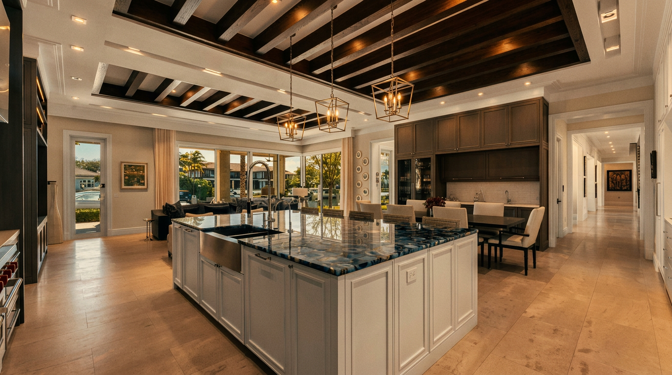 This expansive, open-concept kitchen features a large central island with a striking blue-toned stone countertop and a farmhouse-style sink. The space is defined by a coffered ceiling with dark wood beams and hanging pendant lights, creating a sophisticated and airy atmosphere. Large glass doors at the rear provide a seamless transition to the outdoor area, while the neutral color palette and clean lines emphasize a modern, high-end aesthetic.