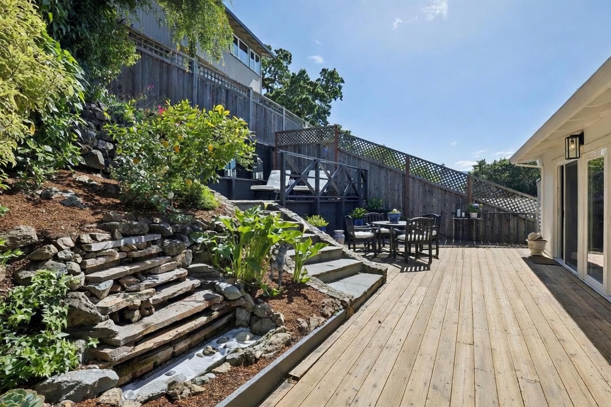 This image showcases a spacious wooden deck that transitions into a tiered, stone-accented garden area. The deck features a dining set, while the adjacent hillside is landscaped with rocks, lush greenery, and a lemon tree, all enclosed by a tall wooden fence. The perspective is from the deck looking toward the hillside, capturing a bright, sunny outdoor living space perfect for relaxation.