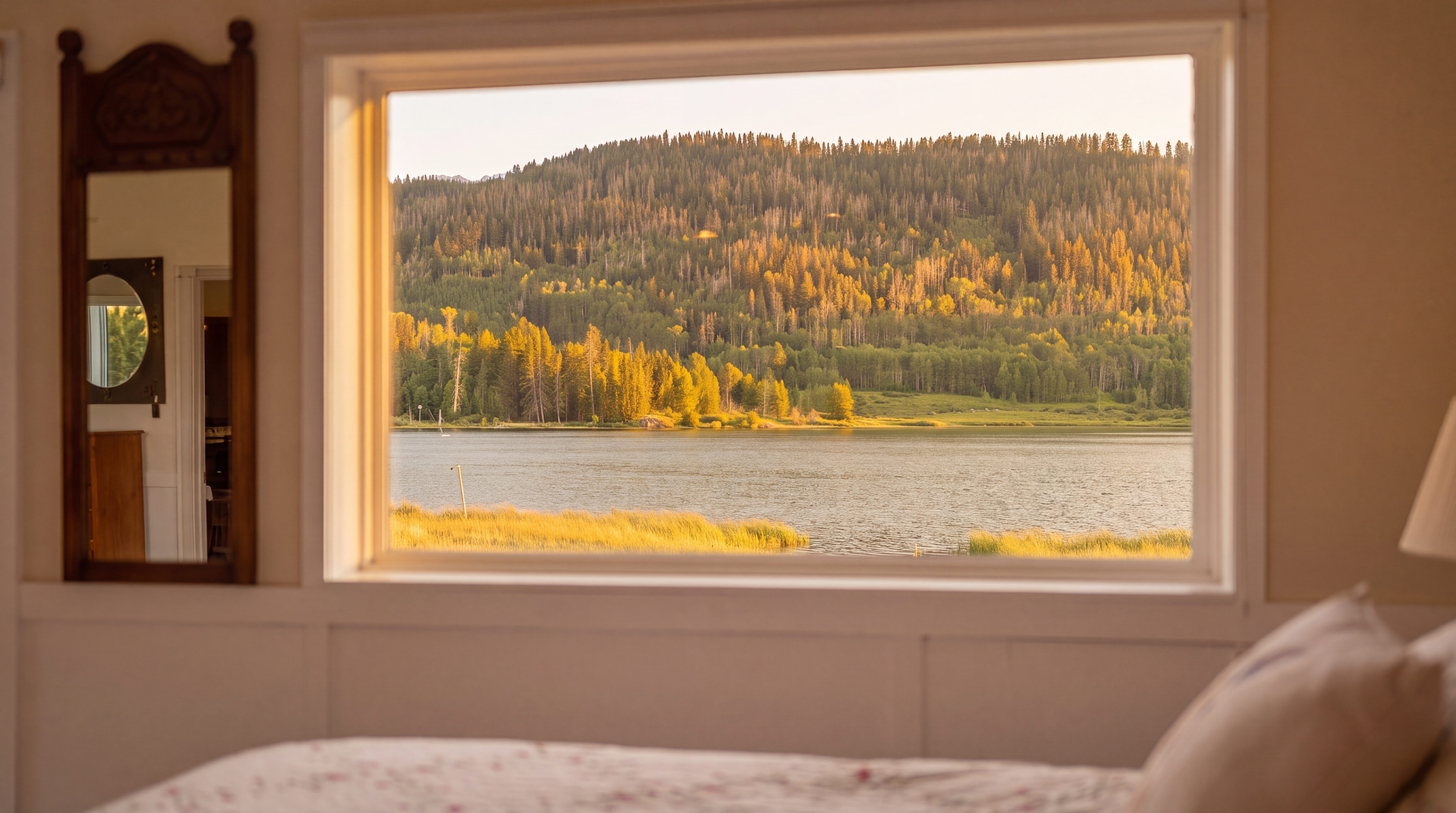 This serene bedroom features a large, rectangular window that serves as a living picture frame, showcasing a picturesque lake and mountain view illuminated by soft, warm sunlight. A vintage wooden mirror hangs on the adjacent wall, reflecting a glimpse of the room's interior, while soft bedding and a lamp suggest a cozy, tranquil atmosphere. The space exudes a peaceful, rustic charm, highlighting the property's beautiful natural surroundings.
