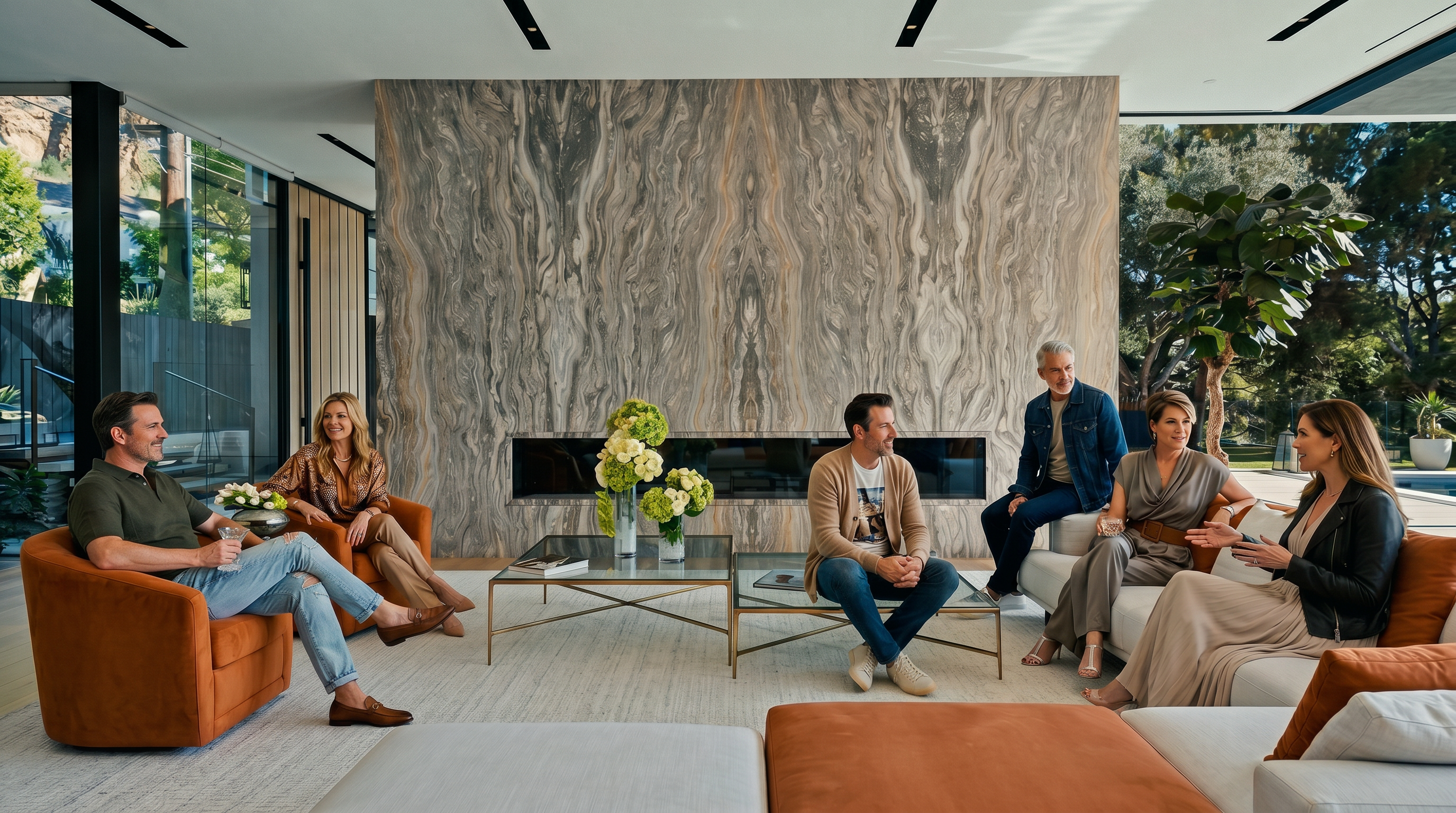 This sophisticated living room features a striking floor-to-ceiling marble fireplace wall that serves as the room's focal point. The space is furnished with plush, contemporary seating in warm orange and neutral tones, complemented by glass-topped coffee tables and elegant floral arrangements. Large floor-to-ceiling windows provide a seamless transition to the outdoors, creating an airy, luxurious atmosphere.