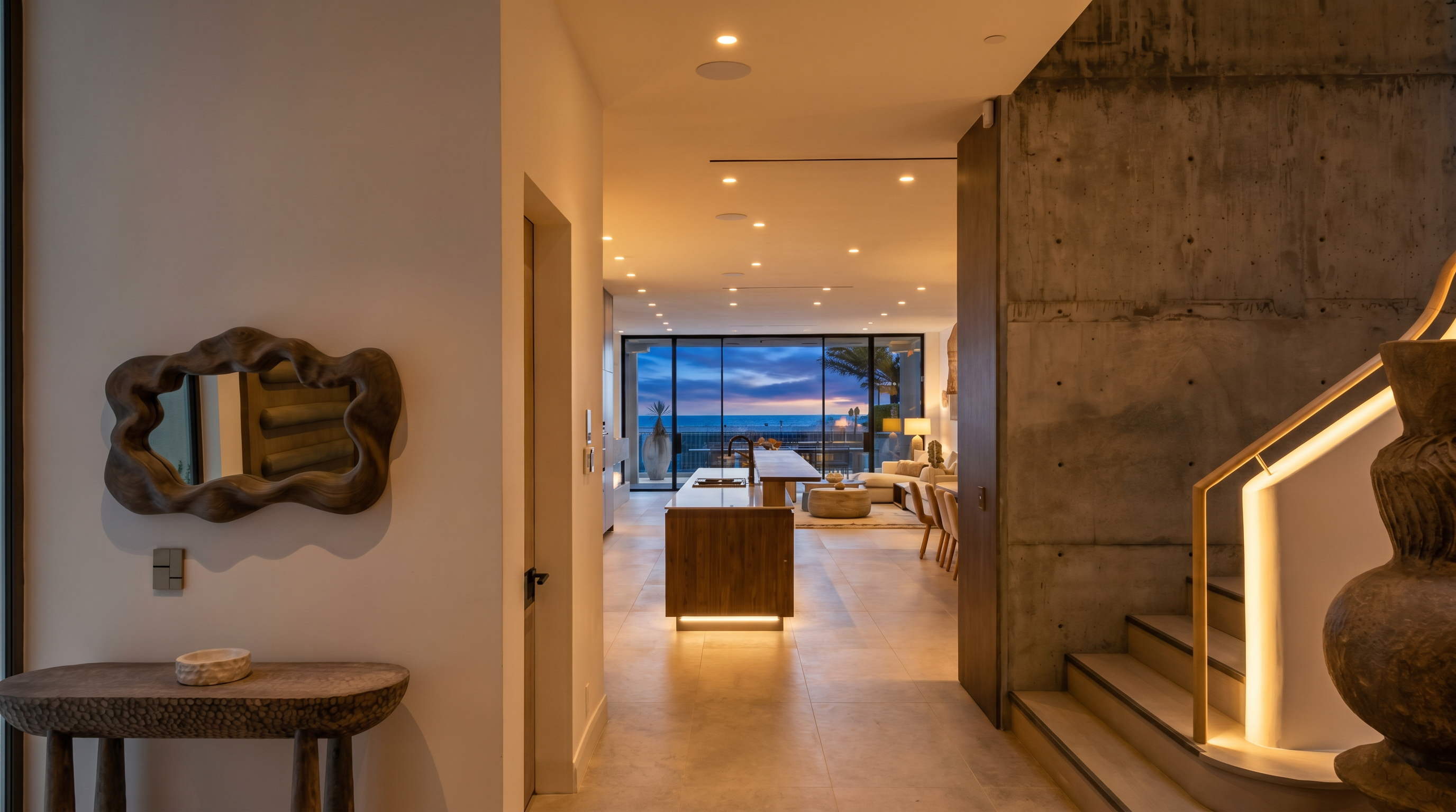 This perspective captures a bright, open-concept hallway leading from a textured entryway toward a sunlit living space with an ocean view. To the right, a striking raw concrete wall serves as a backdrop for a modern staircase with a minimalist railing, while the left side features a sculptural mirror and a rustic wood console table. The clean lines, neutral color palette, and seamless transition between the interior and the outdoor horizon create a sophisticated, airy atmosphere.