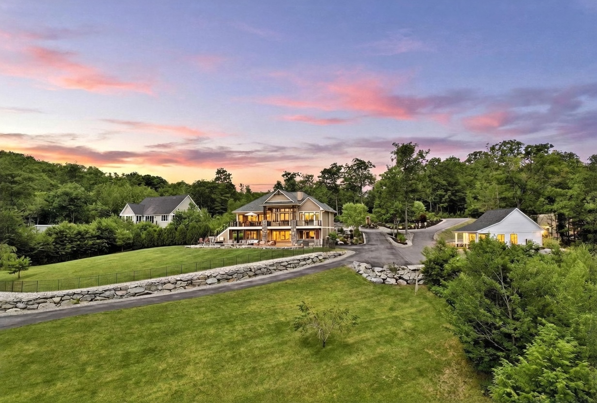 This aerial perspective captures a multi-level residential property at sunset, showcasing a spacious lawn, a stone retaining wall, and a winding driveway. The home features a prominent deck and patio area, with large windows reflecting the warm evening light. The surrounding landscape is lush with mature trees, creating a serene and private atmosphere.