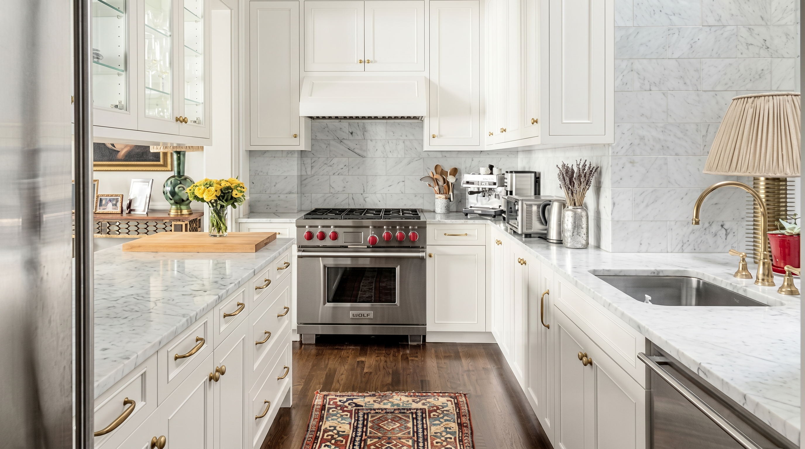 This elegant, classic white kitchen features marble countertops, a professional-grade stainless steel range, and high-end cabinetry. The space is warm and inviting, highlighted by a decorative rug runner, polished hardware, and a subway-tile backsplash. It combines timeless aesthetic choices with functional design, ideal for an upscale residential interior.