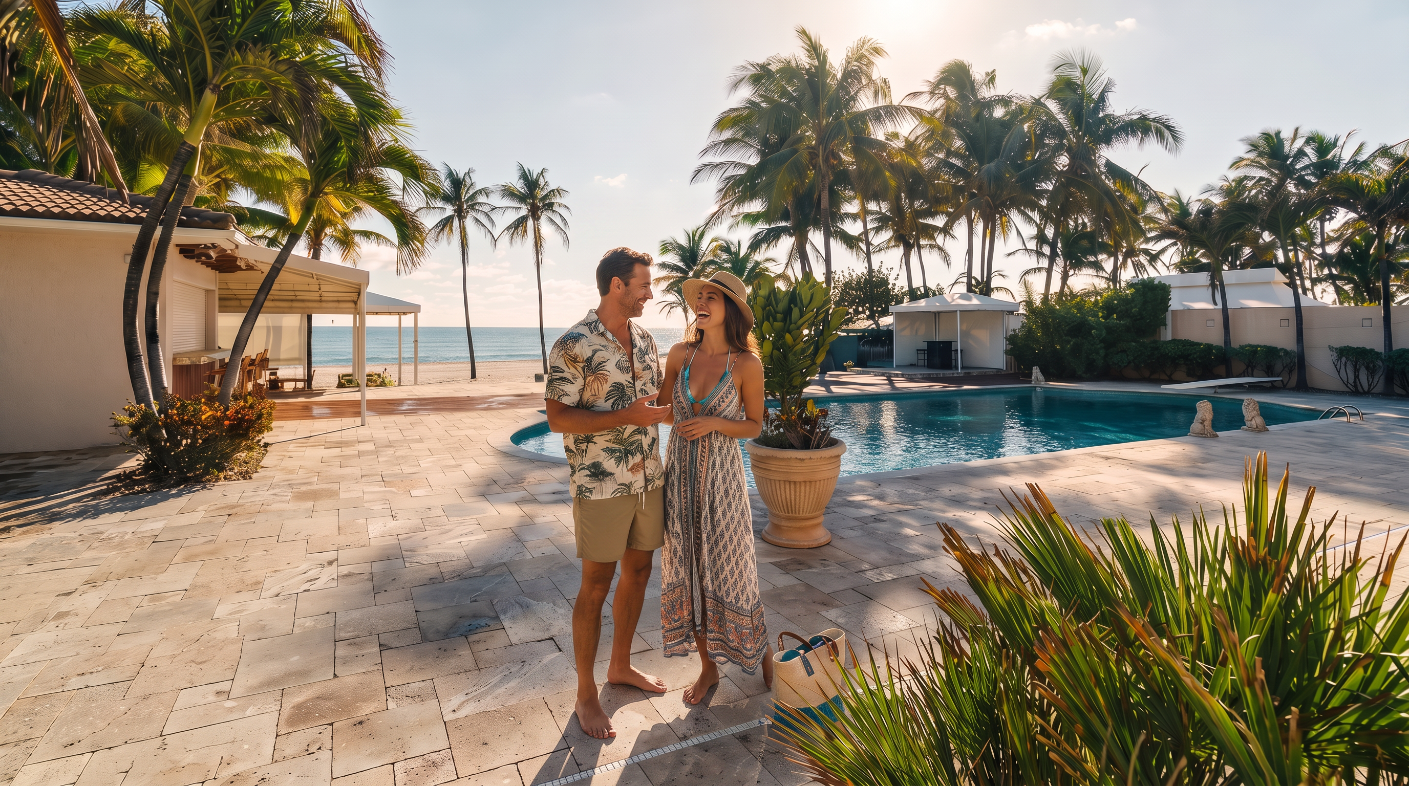 This expansive outdoor living space features a large, free-form swimming pool set against a backdrop of lush palm trees and the ocean. The patio is paved with light-toned stone tiles and includes a covered seating area, a decorative potted plant, and direct access to the beach. The scene is captured from a ground-level perspective, emphasizing the seamless transition between the private pool area and the coastal landscape.