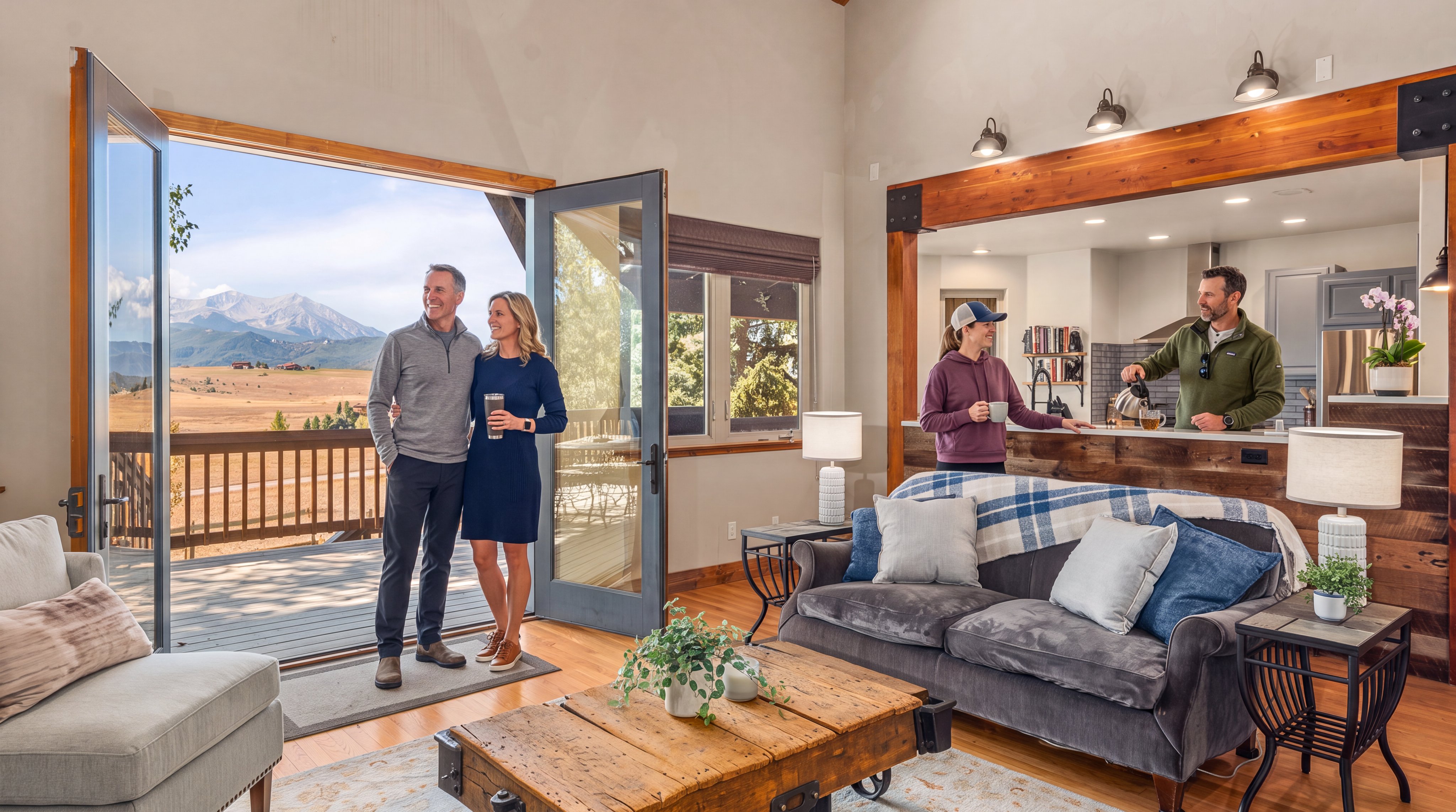This inviting living room showcases a rustic, high-ceiling design with a large open-concept layout that seamlessly transitions to a spacious outdoor deck with breathtaking mountain views. The space is anchored by a charming wooden cart-style coffee table, a classic grey sofa, and oversized windows that bathe the interior in natural light. Exposed timber beams and warm hardwood flooring enhance the cozy, mountain-inspired aesthetic, making it an ideal gathering area for relaxation.