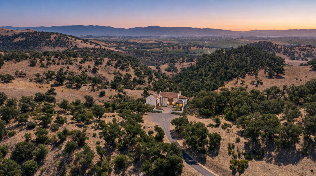 This stunning aerial view captures a Mediterranean-inspired residence nestled within a vast, rolling landscape of golden hills and dense groves of oak trees. The home features classic architectural elements, including a terracotta roof and a warm, inviting facade illuminated at twilight. Its secluded position offers a serene atmosphere with expansive panoramic views of the surrounding valley.