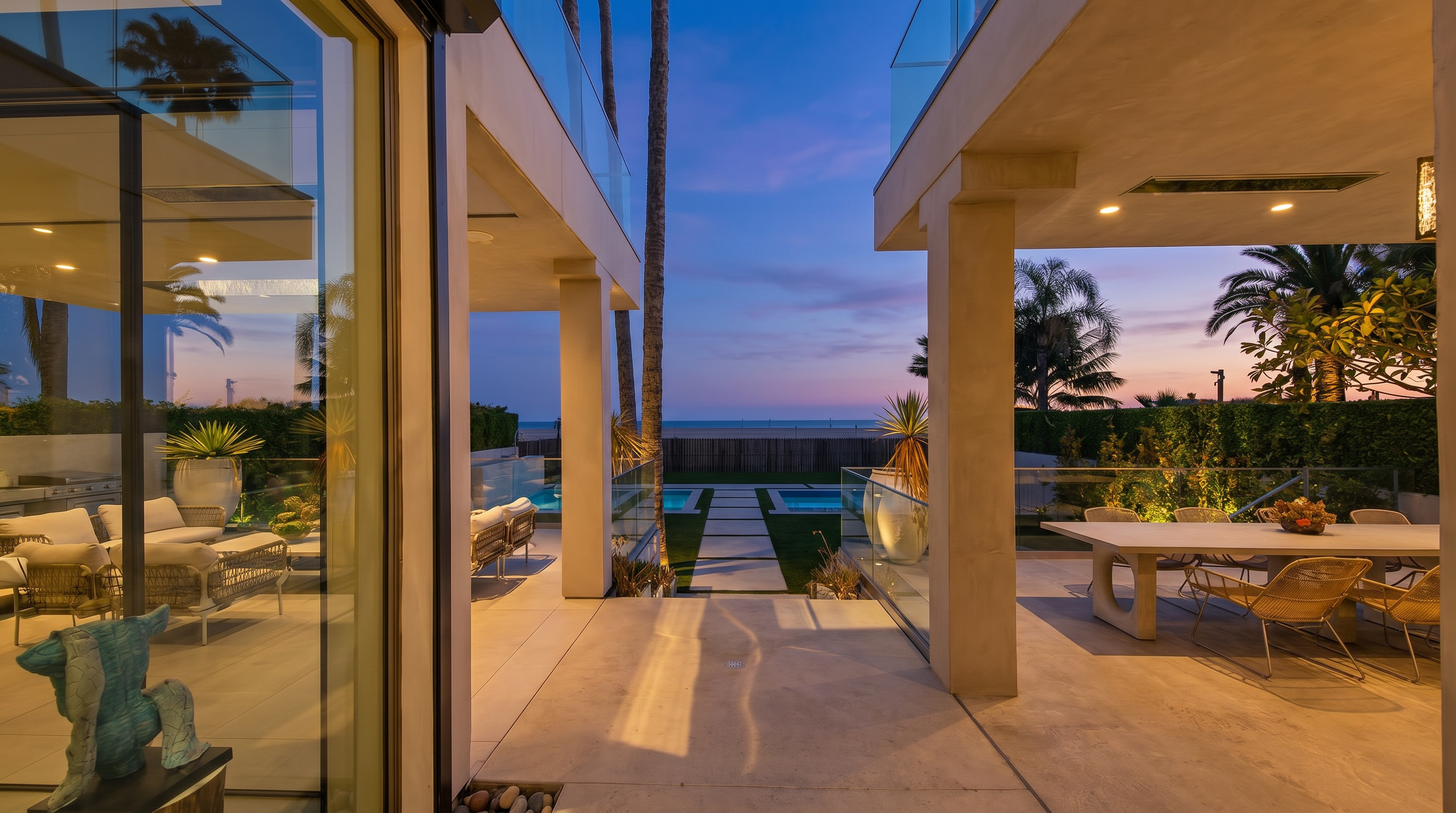 This image captures a sophisticated outdoor living space that seamlessly transitions from a covered patio to a manicured lawn and pool area. The perspective looks outward from under a modern architectural structure, highlighting a dining area on the right and a view of the beach and ocean in the distance. The clean lines, glass railings, and stone-paved path create a luxurious, open-air atmosphere perfect for coastal entertaining.