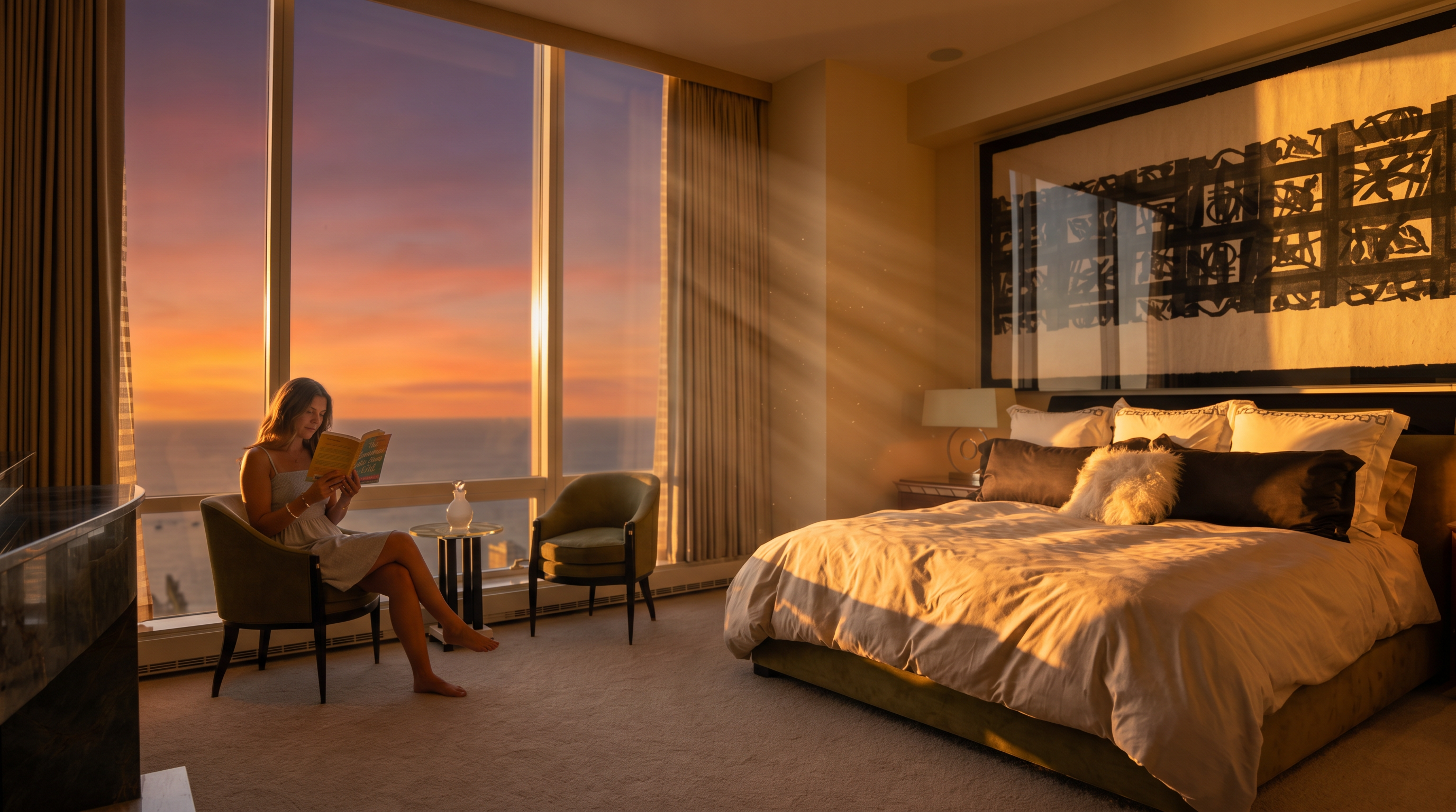 This spacious primary bedroom features a large bed centered against a wall adorned with a prominent, framed abstract art piece. To the left, floor-to-ceiling windows provide an expansive, unobstructed view of the ocean, complemented by two comfortable armchairs and a small side table. The room is finished with neutral carpeting and matching bedside tables with lamps, creating a serene and luxurious atmosphere.