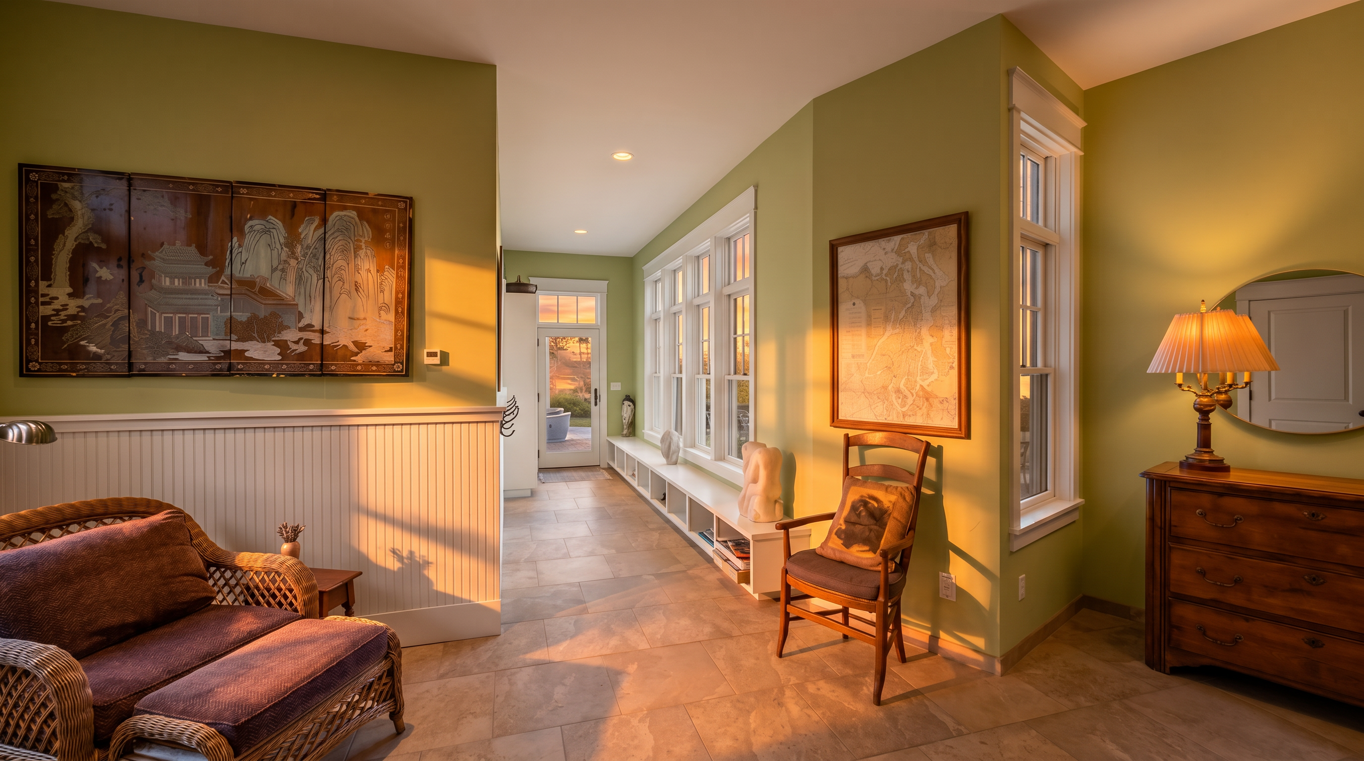 This bright, sunlit hallway features light green walls, neutral stone-look tile flooring, and a long built-in storage bench beneath a row of tall windows. The space is furnished with a wicker armchair, a wooden chair with a decorative pillow, and a dresser topped with a lamp, creating a cozy and inviting transition area. A large, multi-panel decorative wall hanging adds a traditional artistic element to the space, which leads directly to an exterior glass door.