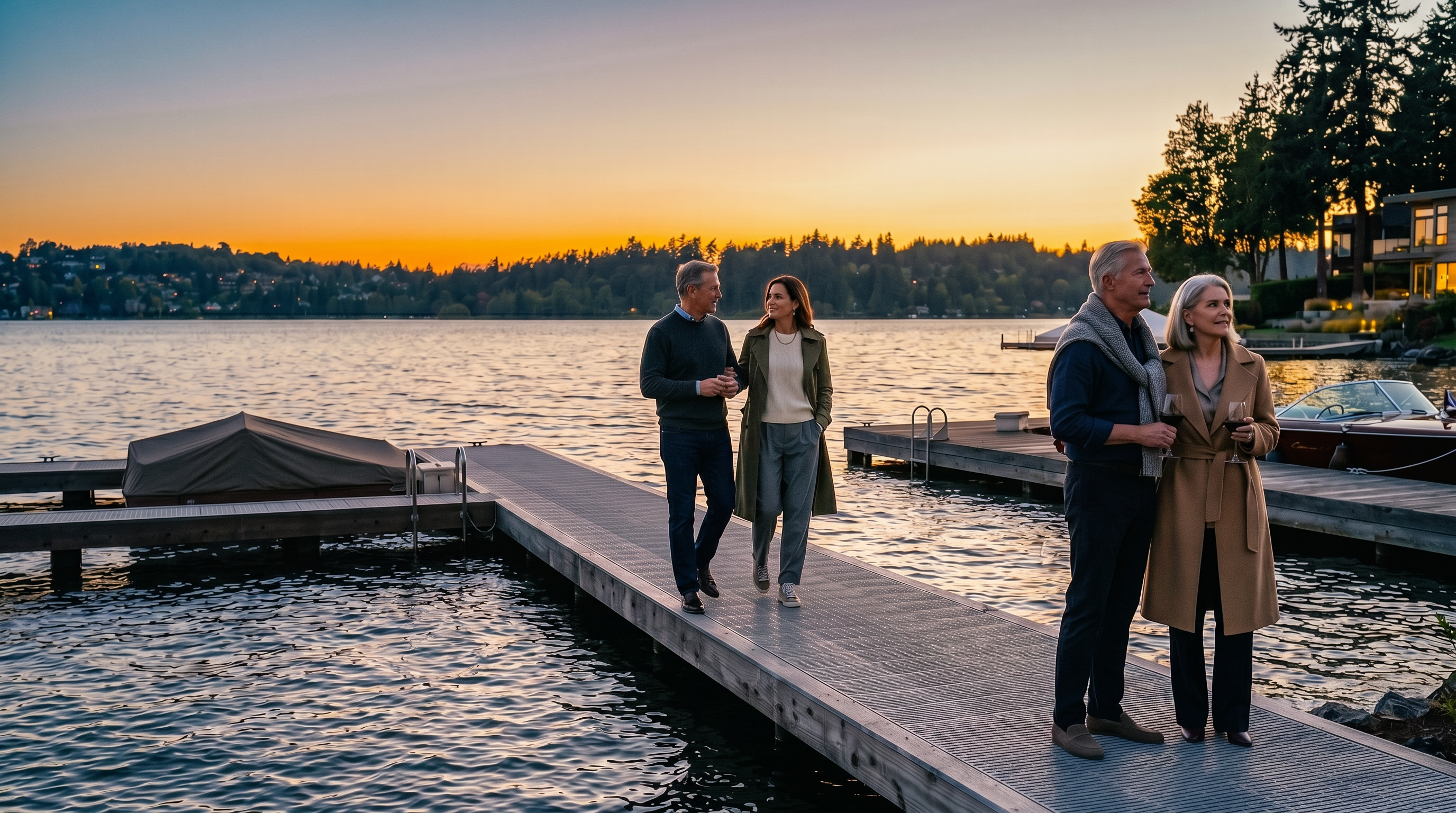 This serene waterfront view captures a private dock extending into a calm lake at sunset. The foreground features a manicured green lawn and a stone-lined shoreline, leading the eye toward the expansive water and the distant, tree-lined horizon glowing with warm twilight colors. The perspective is low and wide, emphasizing the peaceful connection between the property and the natural landscape.