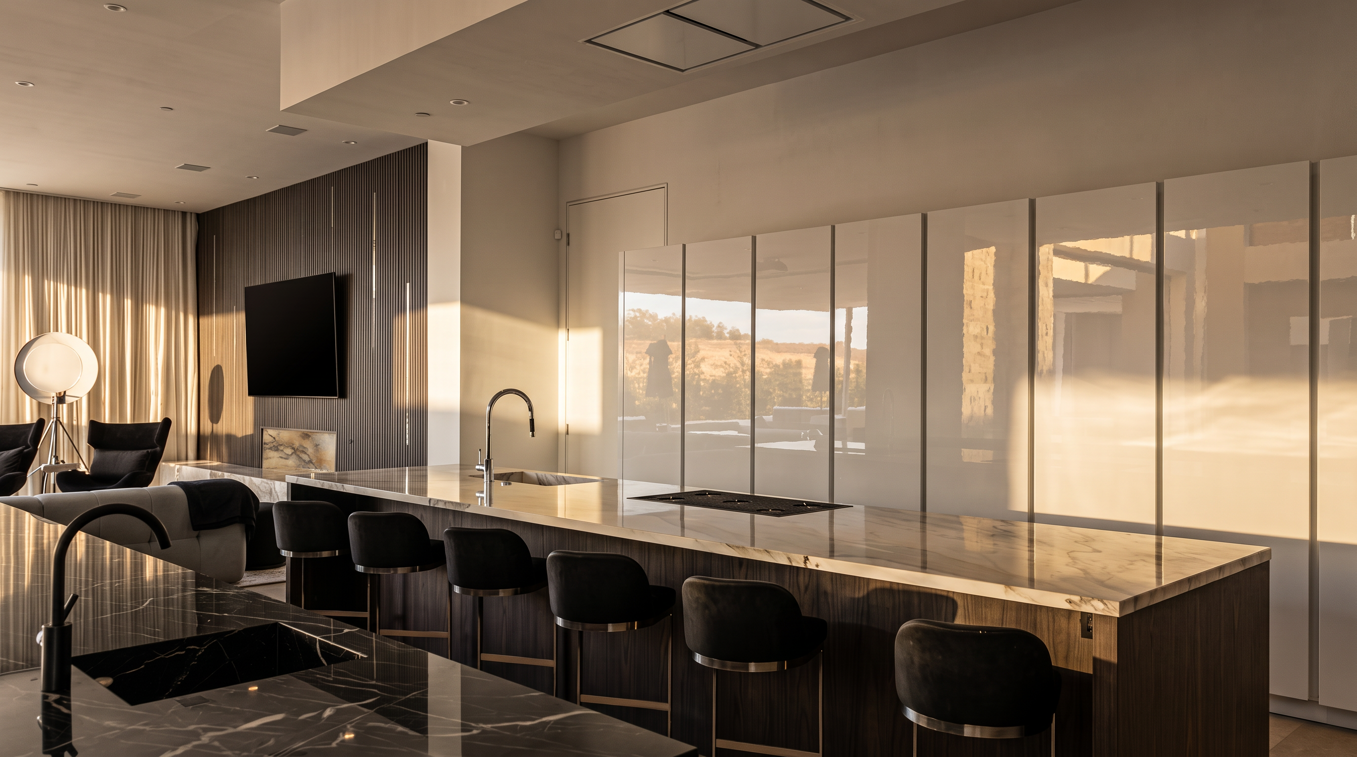 This modern, open-concept kitchen features a long island with a dark wood base and a light-toned stone countertop, complemented by a row of matching dark stools. Behind the island, a wall of sleek, high-gloss white cabinetry provides a minimalist aesthetic, while a separate dark-toned island with a sink sits in the foreground. The space flows seamlessly into a living area, creating a sophisticated and airy atmosphere suitable for contemporary living.