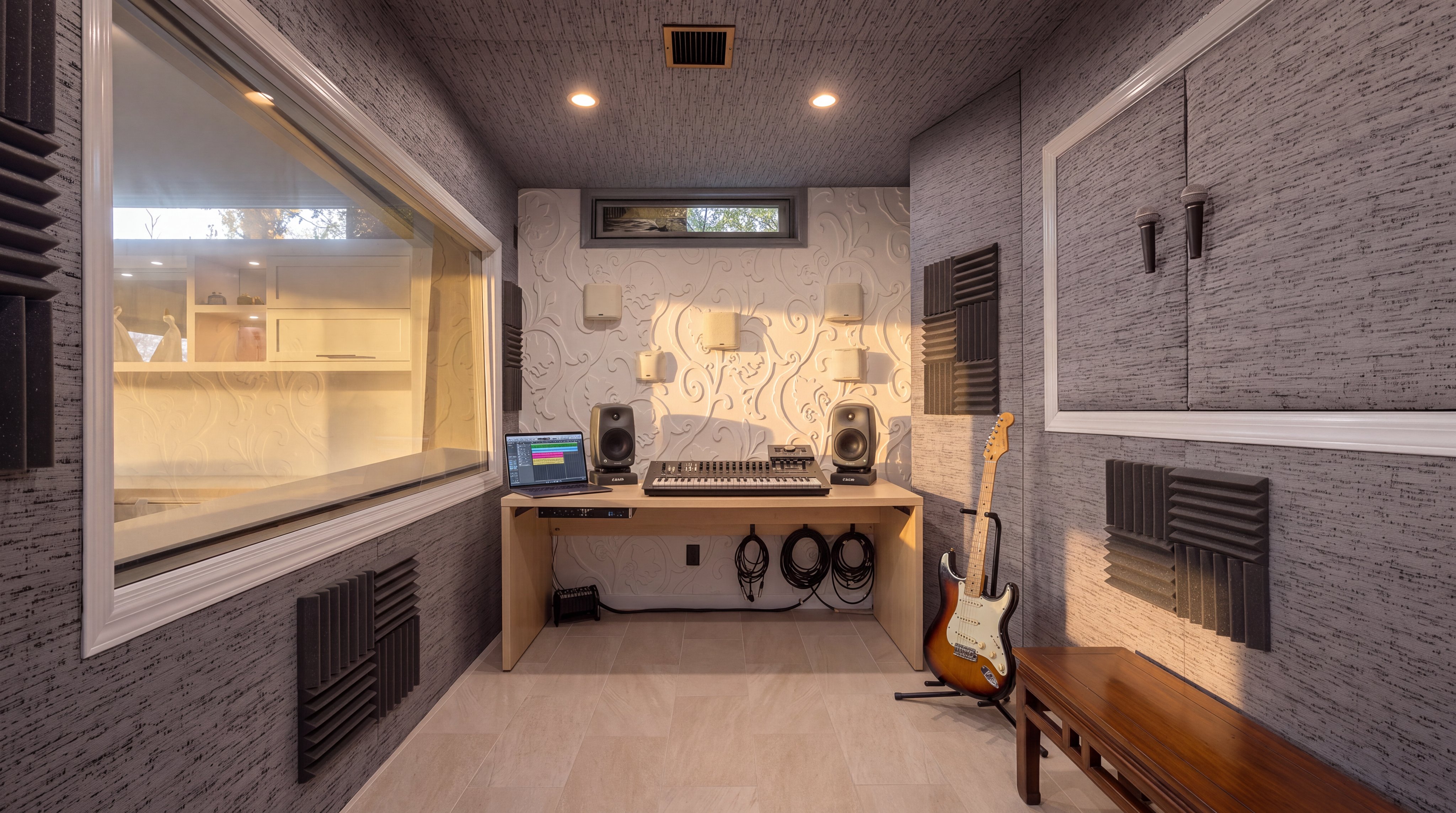 This professional-grade home recording studio is acoustically treated with foam panels and textured wall surfaces to optimize sound quality. The space is equipped with a desk featuring a laptop, studio monitors, a synthesizer, and a standing electric guitar, making it an ideal creative workspace. The room also features a large viewing window, offering a view into an adjacent area, which enhances the functional utility of the recording setup.